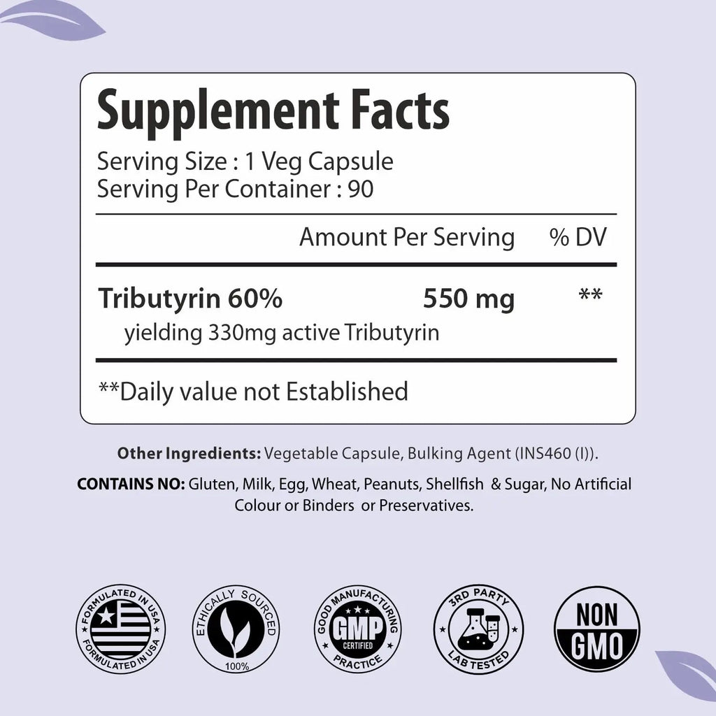 ForestVibe Tributyrin Supplement 550mg, Advanced Butyrate Form for Gut Health, 60% Standardized, More Effective Delivery Than Sodium Butyrate, 90 Capsules, Non-GMO & Gluten Free Postbiotic Supplement ForestVibeBuy Supplements Australia