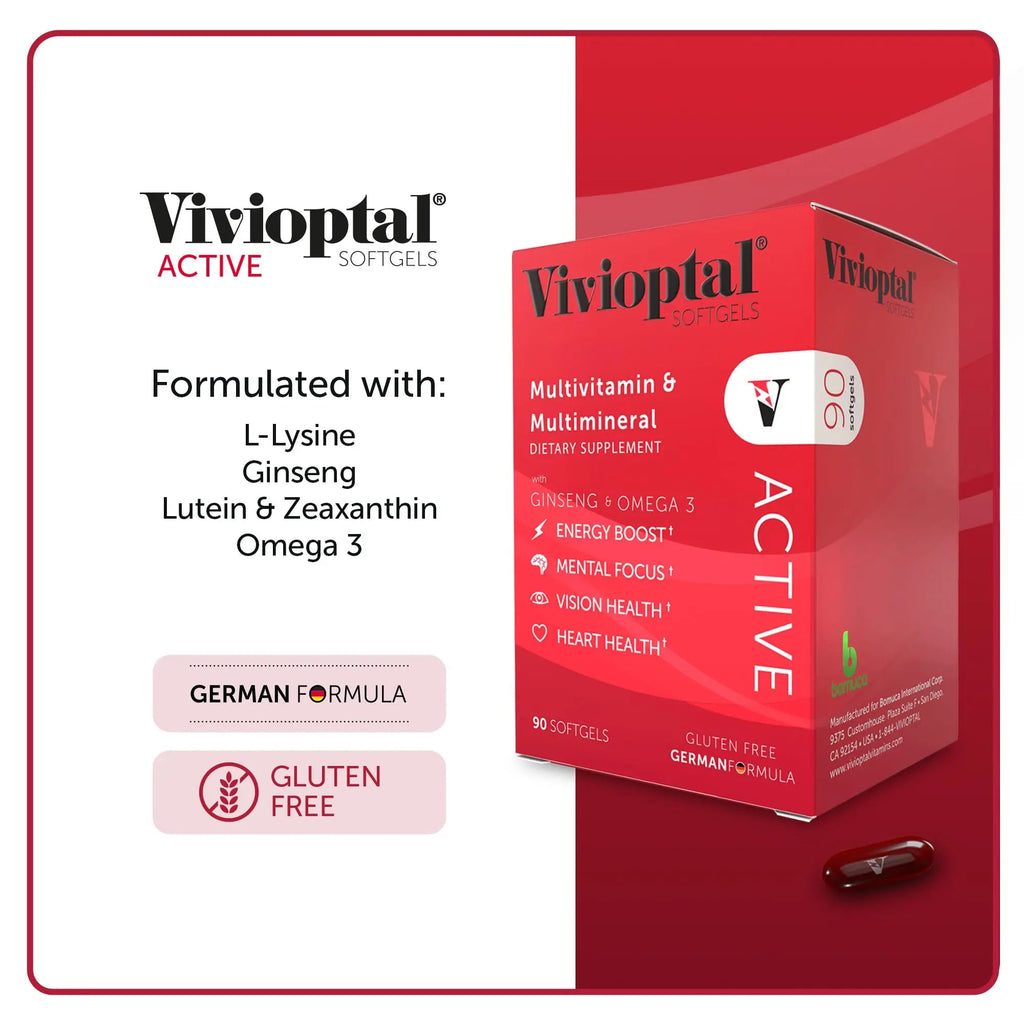 Vivioptal Active, 90 Softgels (1 Year Supply), Ginseng & Omega 3, Multivitamin & Multimineral, Gluten Free, German Formula Vivioptal VitaminsBuy Supplements Australia