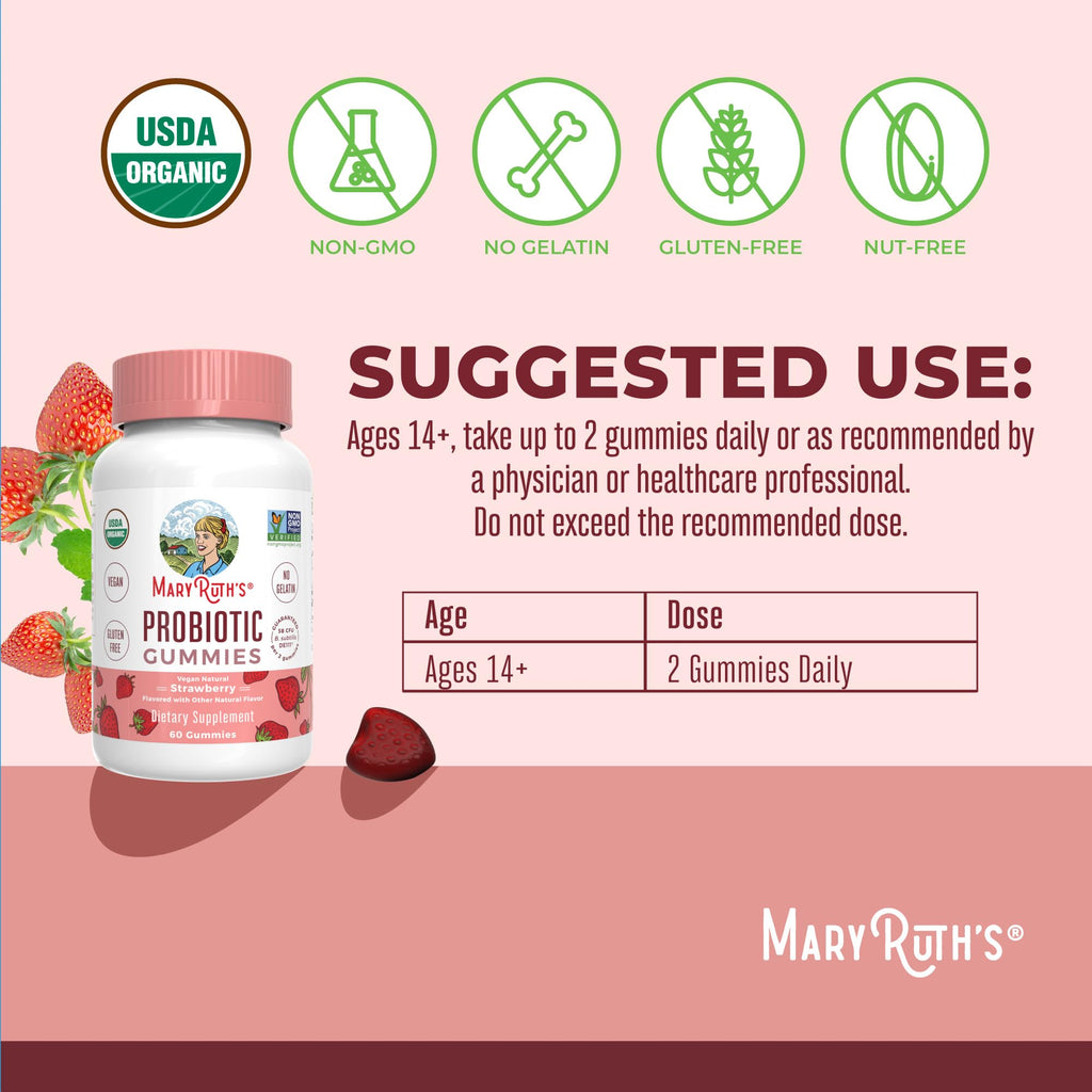 MaryRuth Organics USDA Organic Probiotic Gummies |Probiotics forWomen & Men Digestive Health & Gut Comfort Supplement 5 Billion CFU | Immune & Digestive Support | Vegan | Non-GMO | 60 Count MARYRUTH'SBuy Supplements Australia