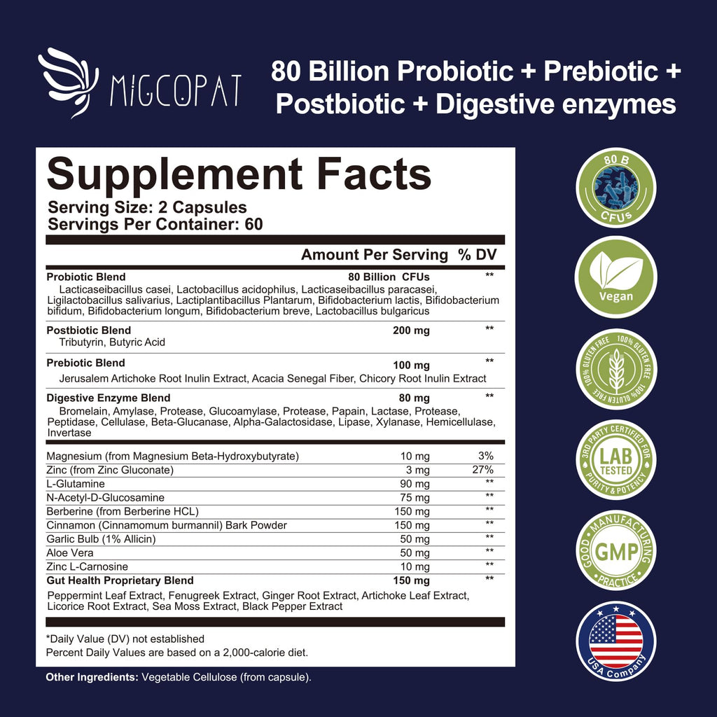 Migcopat Probiotic Prebiotic, Postbiotic & Digestive Enzymes for Digestive Health, 80 Billion CFU Probiotics Complete Gut Support with Berberine, Cinnamon, L-Glutamine