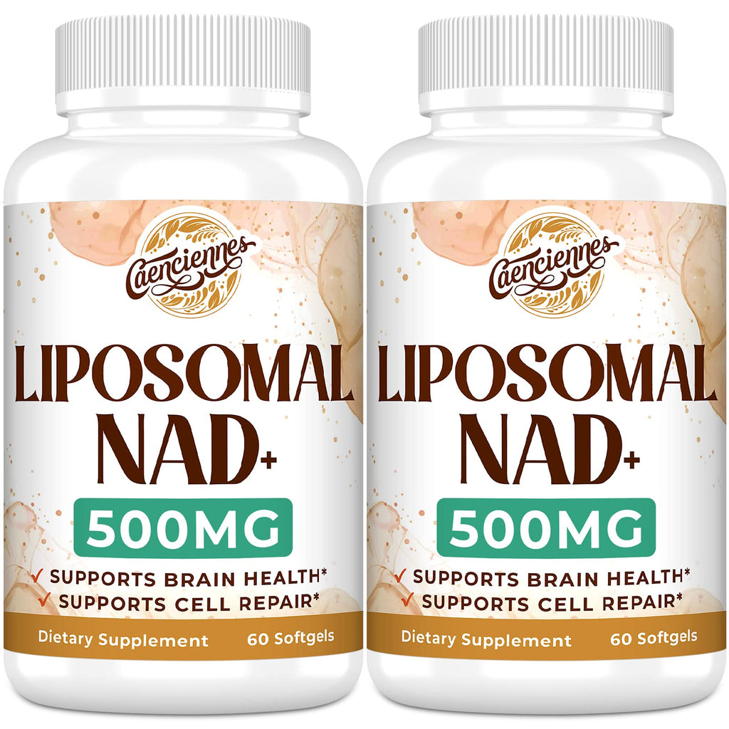 Two bottles of Liposomal NAD+ 500MG dietary supplements on a white background