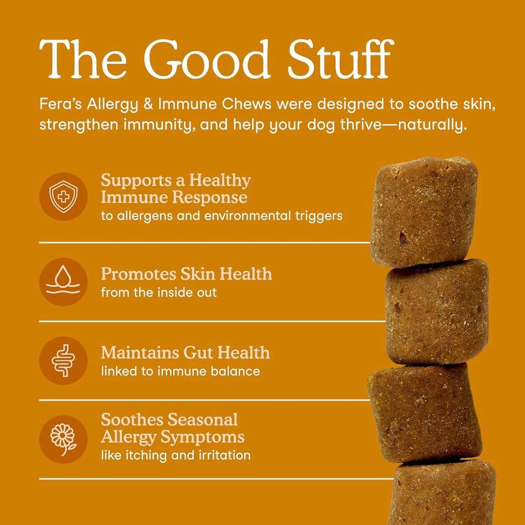 Fera Pets Dog Allergy and Immune Support with Organic Mushrooms, Postbiotics & Colostrum - Promotes Skin & Gut Health - Soothes Seasonal Allergy Symptoms - 30 Soft Chews Fera PetsBuy Supplements Australia