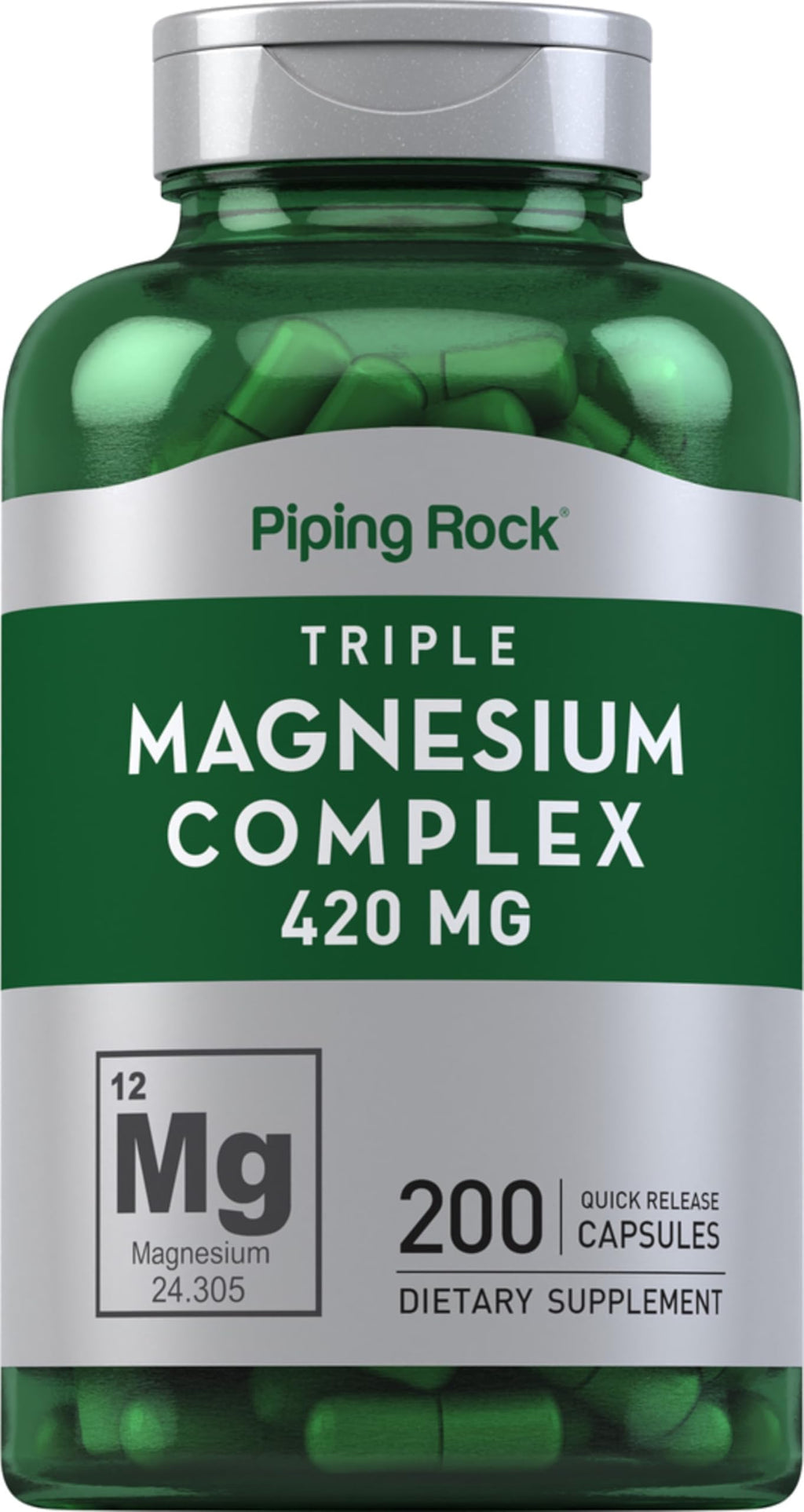 Green supplement bottle labeled 'Triple Magnesium Complex 420 MG' by Piping Rock with a silver cap.