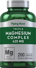 Green supplement bottle labeled 'Triple Magnesium Complex 420 MG' by Piping Rock with a silver cap.