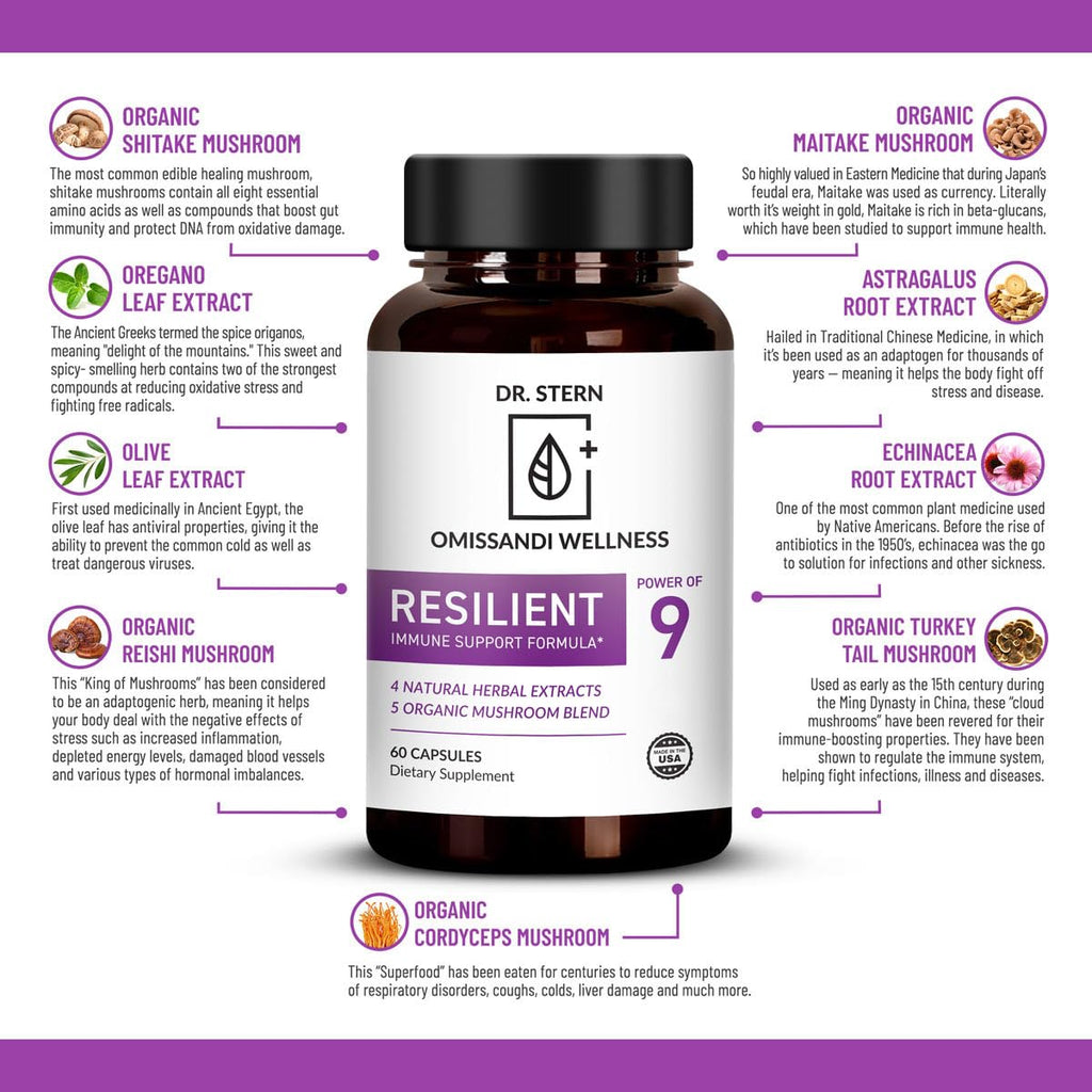 OMISSANDI-WELLNESS Resilient - Natural Immune System Support - Dr. Ian Stern Formulated - to boost your defenses - W/Organic Mushroom Blend, Echinacea, Astragalus & More - Vegan - Made in USA- 60 Caps Dr. Stern buy supplements Au