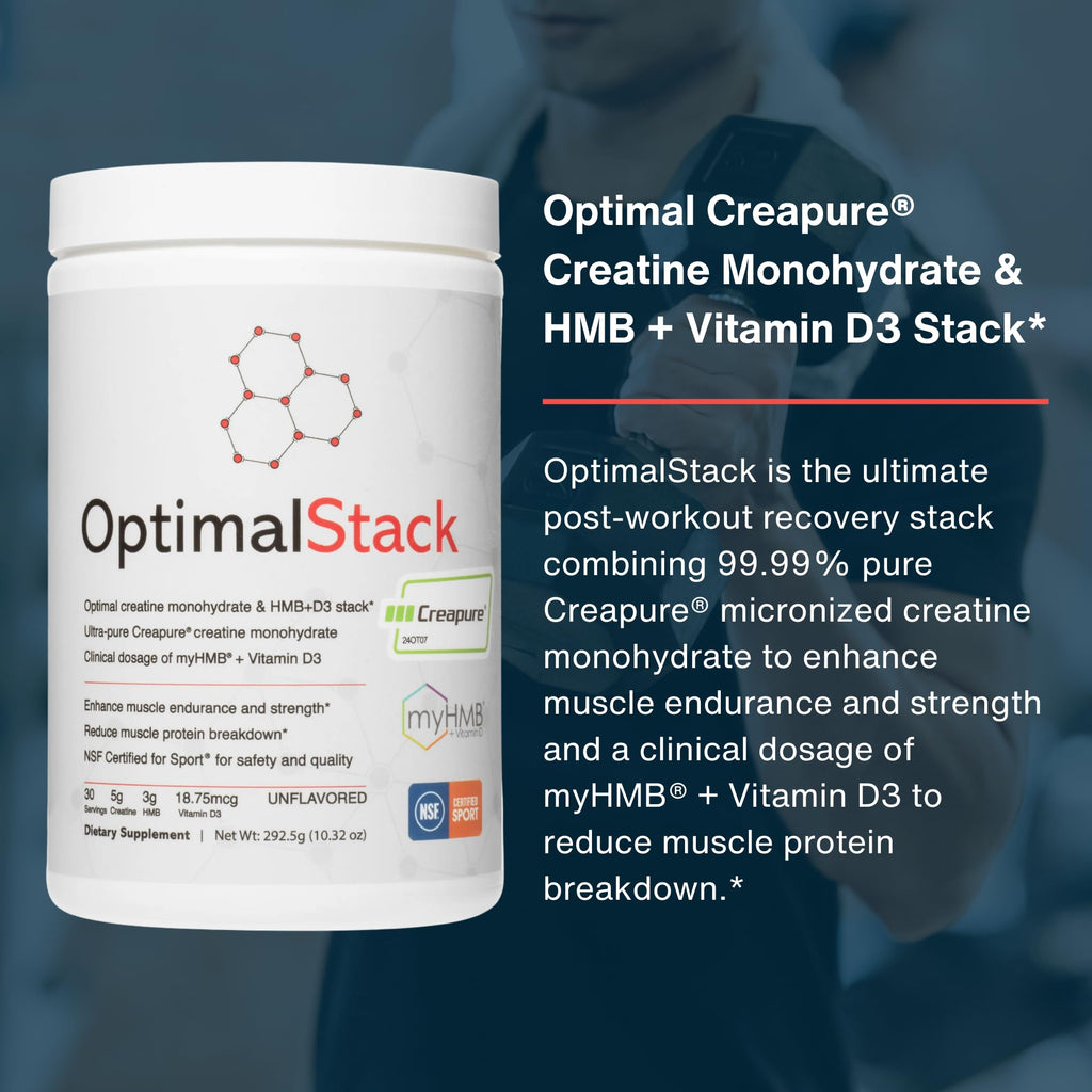 OptimalStack Creatine Monohydrate, HMB, & Vitamin D3 Stack | with Creapure Creatine, Clinical Dosage of myHMB, and Vitamin D3 | NSF for Sport Certified | Unflavored, 30 Servings OptimalAminoBuy Supplements Australia