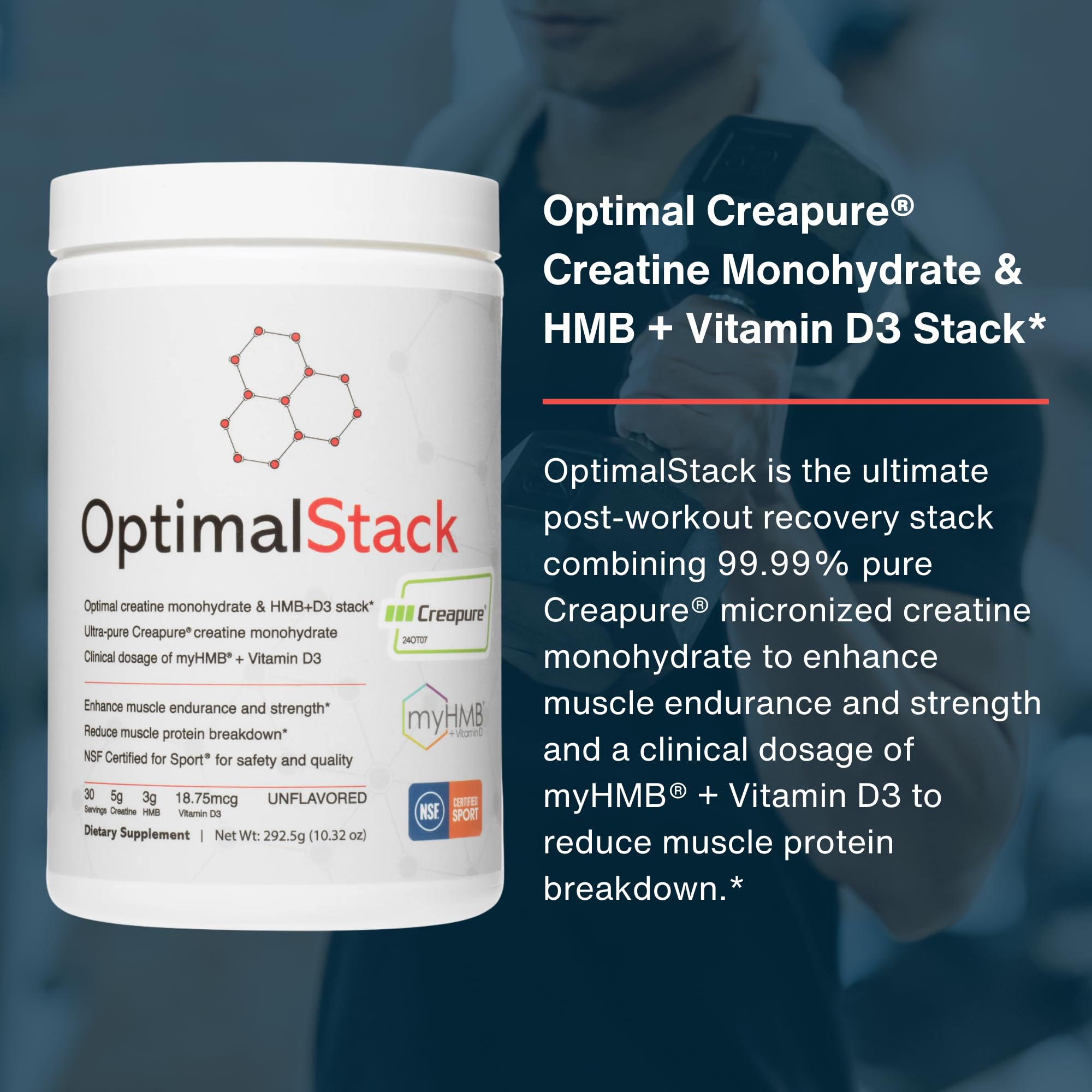 OptimalStack Creatine Monohydrate, HMB, & Vitamin D3 Stack | with Creapure Creatine, Clinical Dosage of myHMB, and Vitamin D3 | NSF for Sport Certified | Unflavored, 30 Servings OptimalAminoBuy Supplements Australia