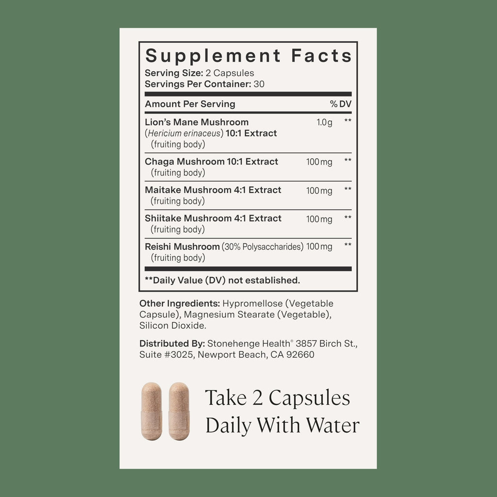 Stonehenge Health Dynamic Mushrooms 1,400 mg – 5 Mushroom Complex (Lion’s Mane, Reishi, Chaga, Maitake, Shiitake) – 100% Fruiting Bodies, Nootropic – Brain, Memory, Focus & Immune Support – 60 Caps Stonehenge HealthBuy Supplements Australia
