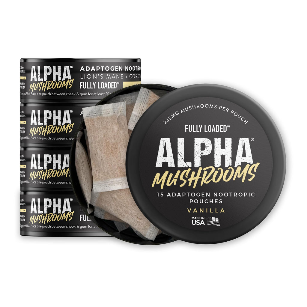 Fully Loaded Alpha Mushroom Pouches - Adaptogen Nootropic Pouches (5-Pack, Vanilla) - Lion's Mane, Cordyceps, & Chaga - 5 cans, 15 Pouches per can - Functional Mushrooms - Made in the USA Fully Loaded BullseyeBuy Supplements Australia