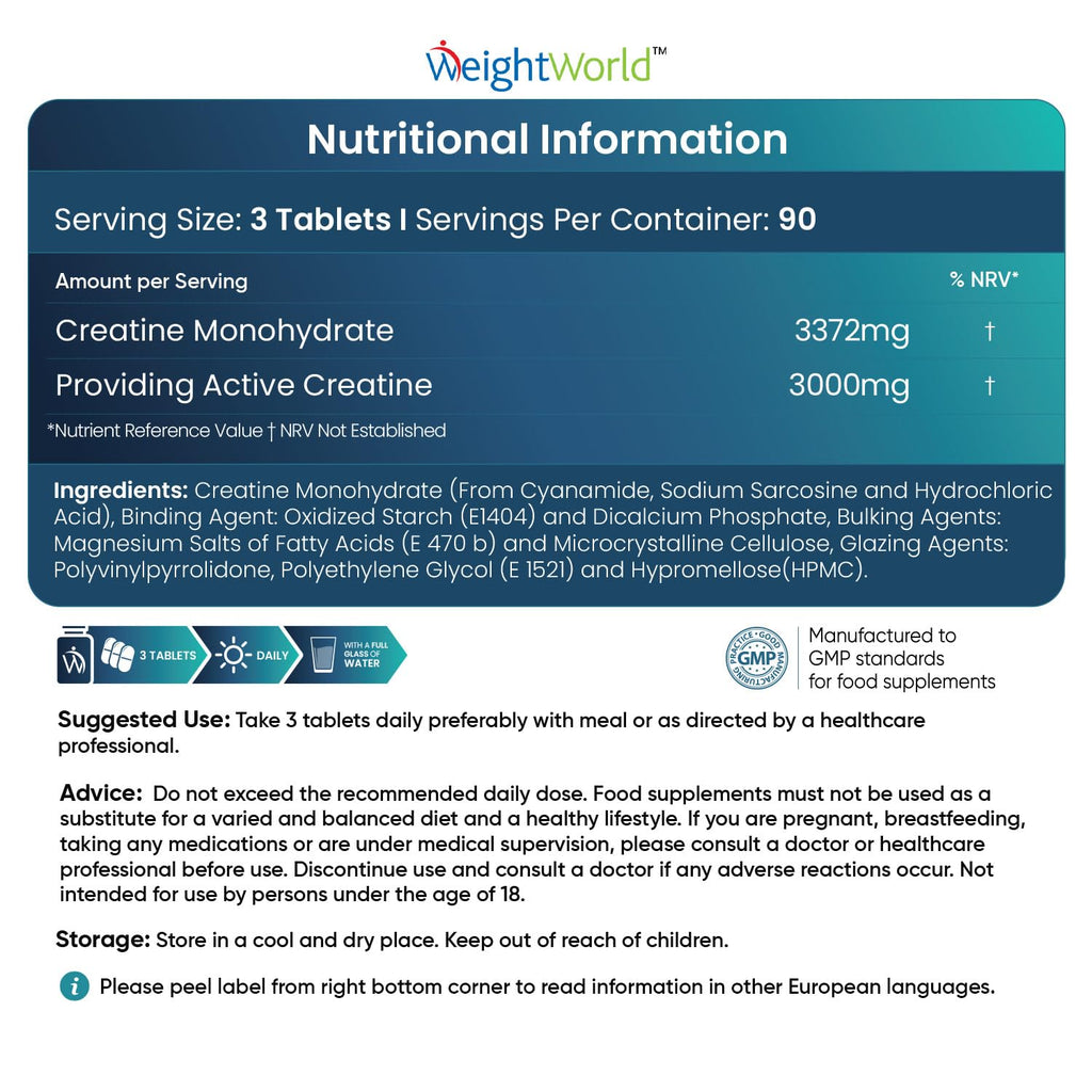 Creatine Monohydrate 3000mg - 270 Tablets - Gym Energy Supplement for Men & Women WeightWorldBuy Supplements Australia