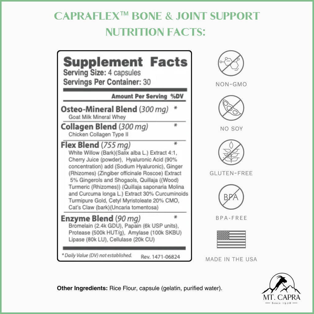 CapraFlex by Mt. Capra | Bone and Joint Support Supplement with Chicken Collagen, Hyaluronic Acid, Turmeric, and Herbs for Joint Vitality | 30 Servings - 120 Capsules Mt CapraBuy Supplements Australia