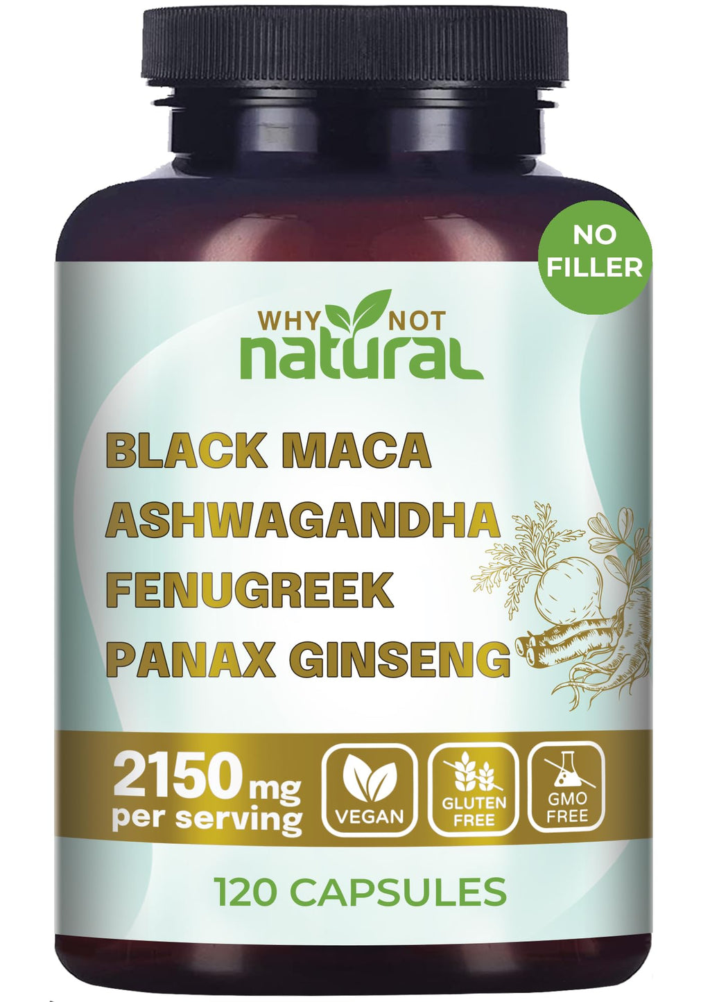 Why Not Natural 4-in-1 Organic Black Maca Root, Ashwagandha, Fenugreek, Panax Ginseng Capsules, Supplement for Men and Women (120 Count (Pack of 1) Why Not NaturalBuy Supplements Australia