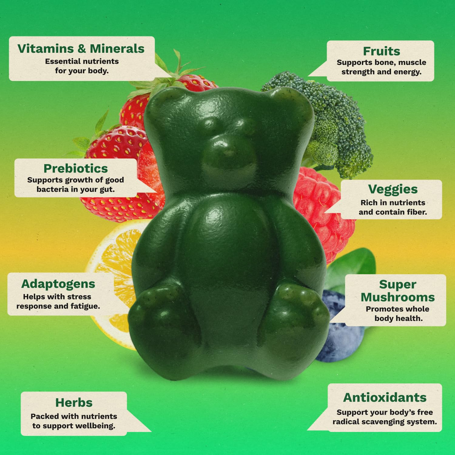 Gruns Adults Super Greens Gummies, Multivitamin Superfood Gummy Bears, Spirulina, Chlorella, Prebiotics & Fiber Gummies for Digestive Health GrünsBuy Supplements Australia