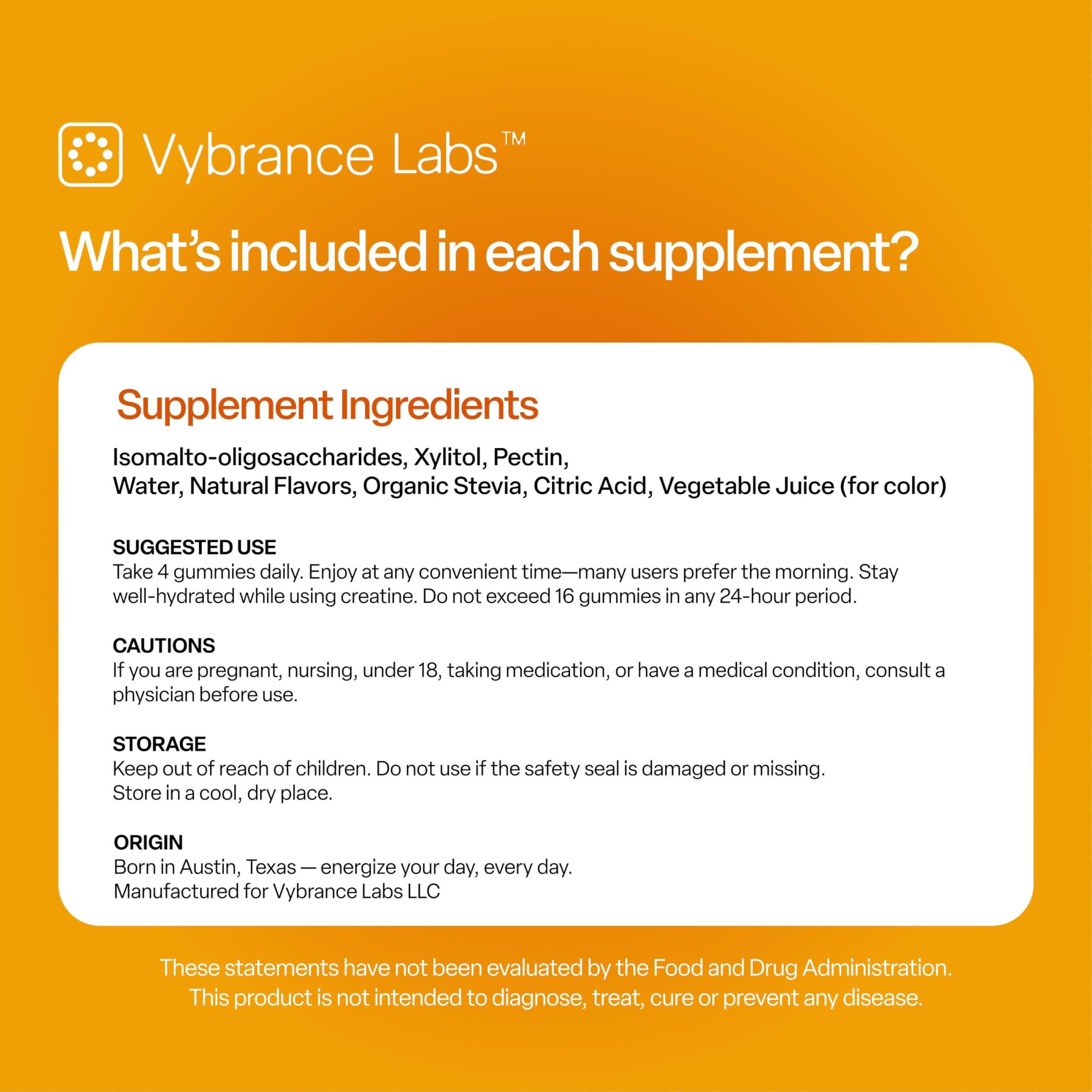 VYBRANCE LABS Creapure Creatine Gummies 5g + Taurine & B12 - Sugar-Free, Vegan, Gluten-Free - Citrus Mango - 120 Count (30 Servings) for Strength, Energy & Focus VYBRANCE LABSBuy Supplements Australia
