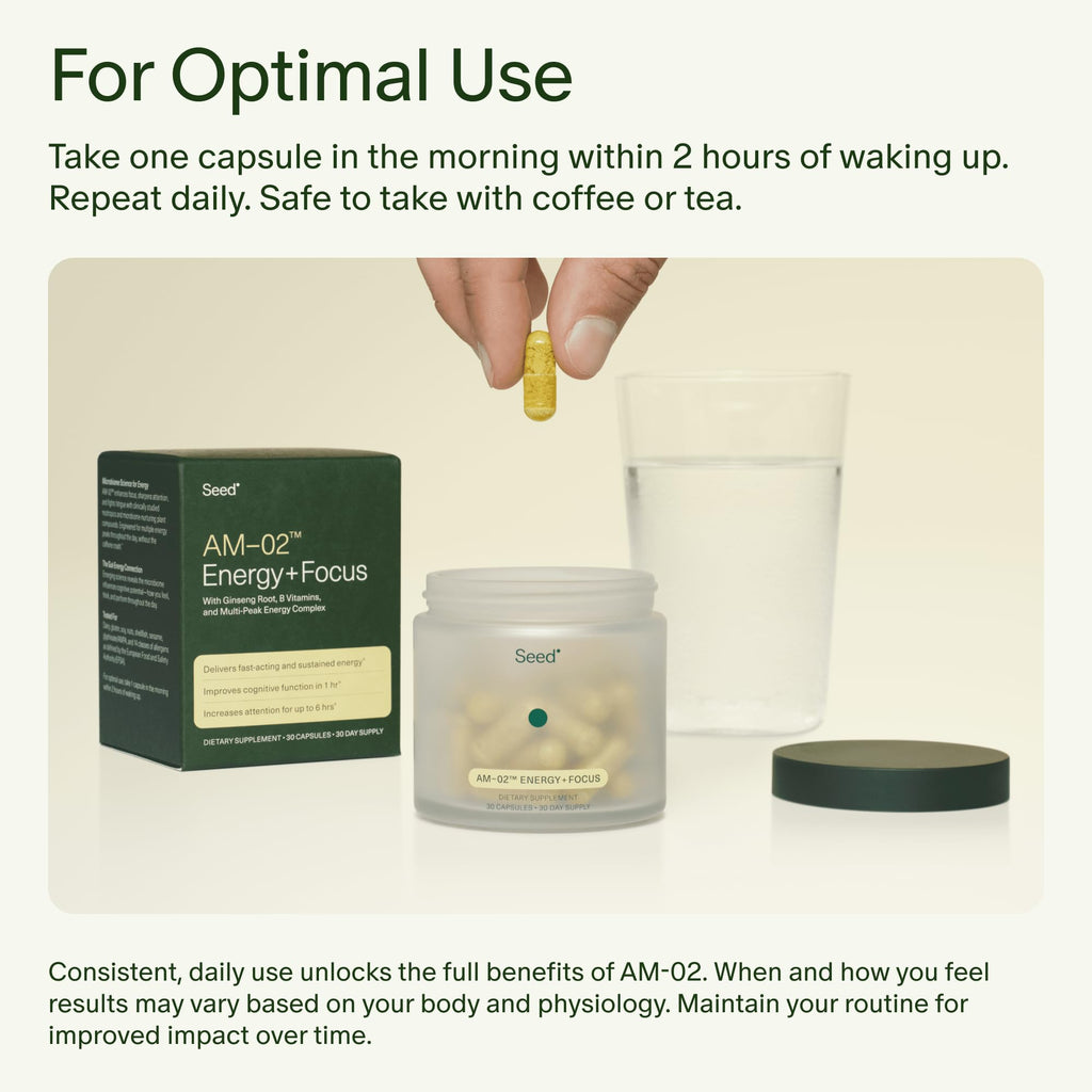 Seed AM-02 Energy + Focus - Daily Nootropic Supplement for Women & Men - Fast-Acting & Sustained Energy for Up to 6 Hours - Caffeine-Free Vegan & Shelf-Stable - 30 Capsules (30-Day Supply) Visit the Seed StoreBuy Supplements Australia