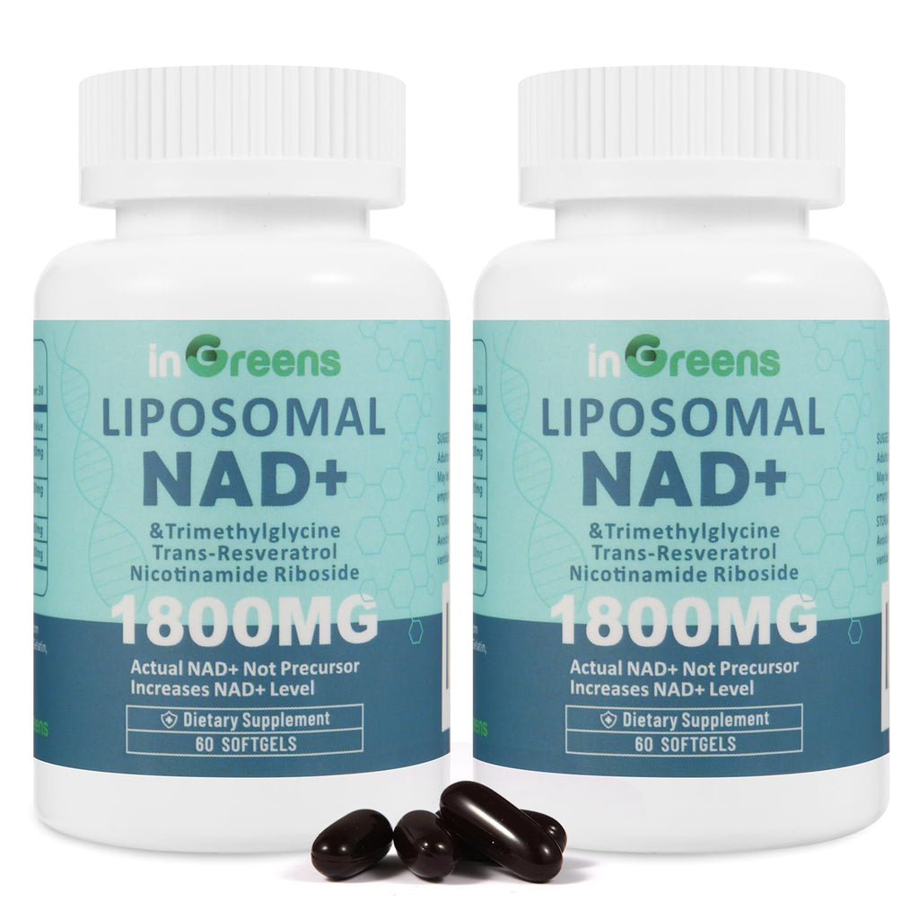 Two bottles of inGreens Liposomal NAD+ dietary supplements on a white background