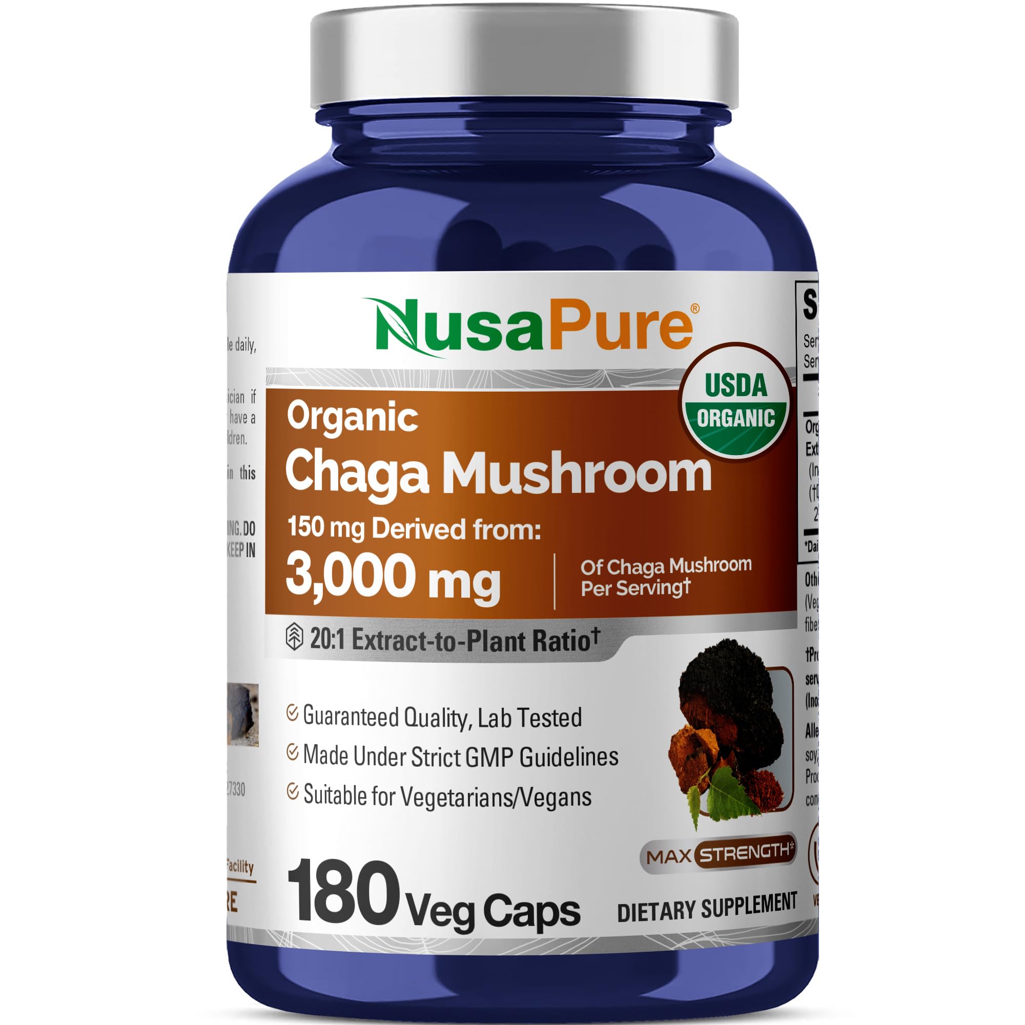 NusaPure Chaga Mushroom 20:1 Extract, 150 mg Equivalent to 3,000mg per Veggie Capsule, 180 Count, USDA Organic, Vegan, Non-GMO NusaPureBuy Supplements Australia
