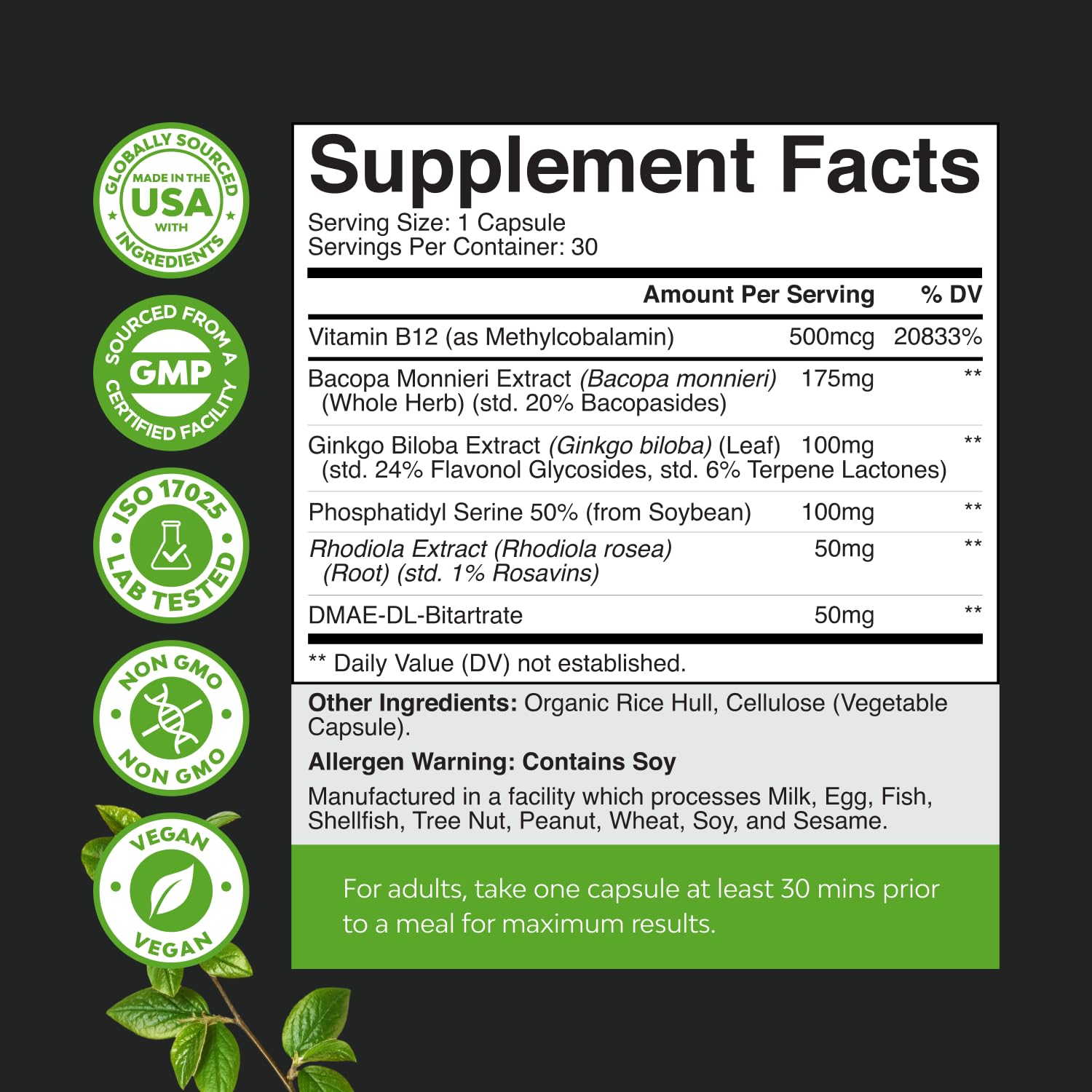 Nootropic Memory Supplement for Brain Support - Memory Pills for Brain Boost and Natural Energy Booster - Vitamin B 12 Bacopa Monnieri Rhodiola Rosea DMAE Ginkgo Biloba Phosphatidylserine Supplement Natures CraftBuy Supplements Australia