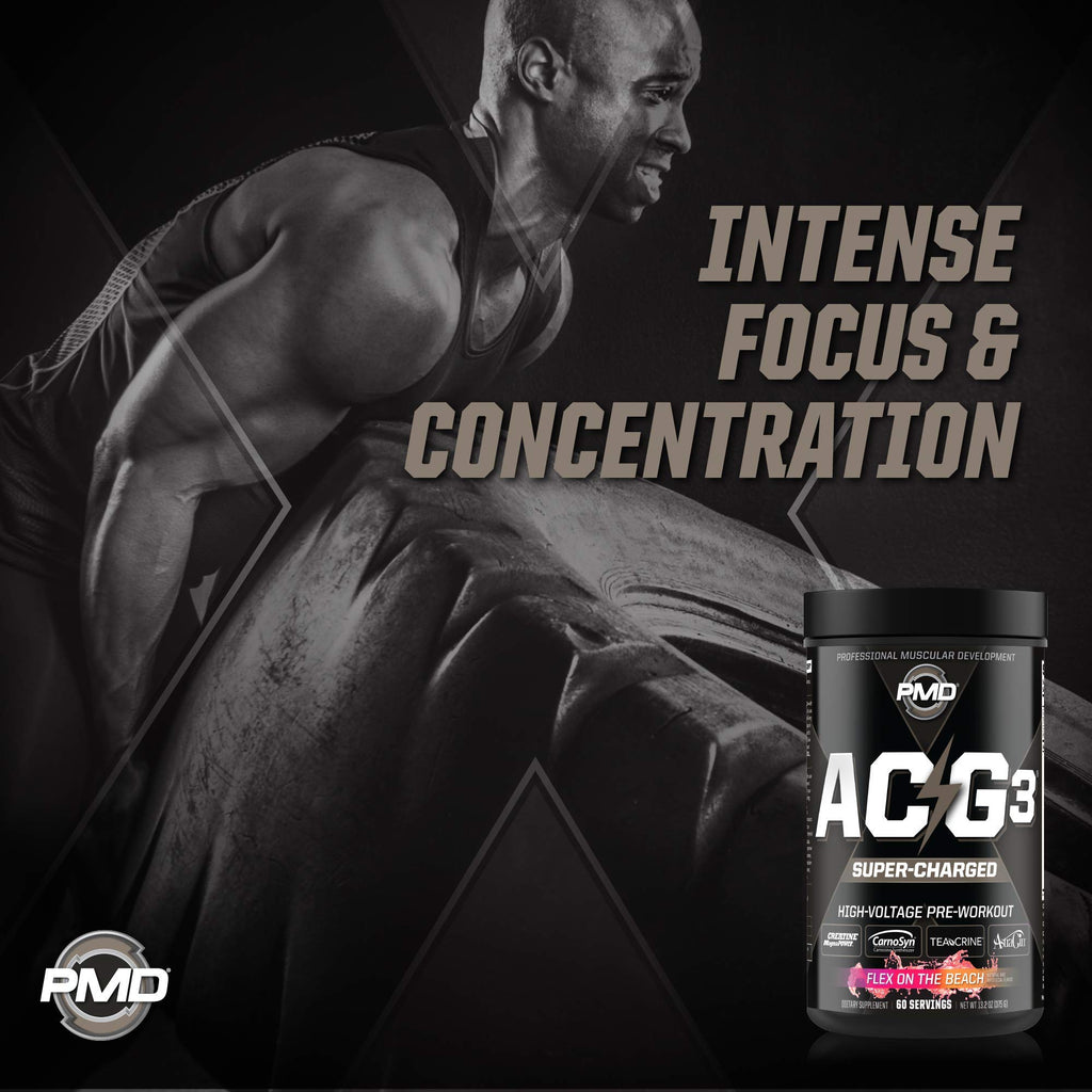 PMD Sports ACG3 Supercharged - Pre Workout - Powerful Strength, High Energy, Maximize Mental Focus, Endurance, Optimum Workout Performance For Men and Women - Flex On The Beach (60 Servings)