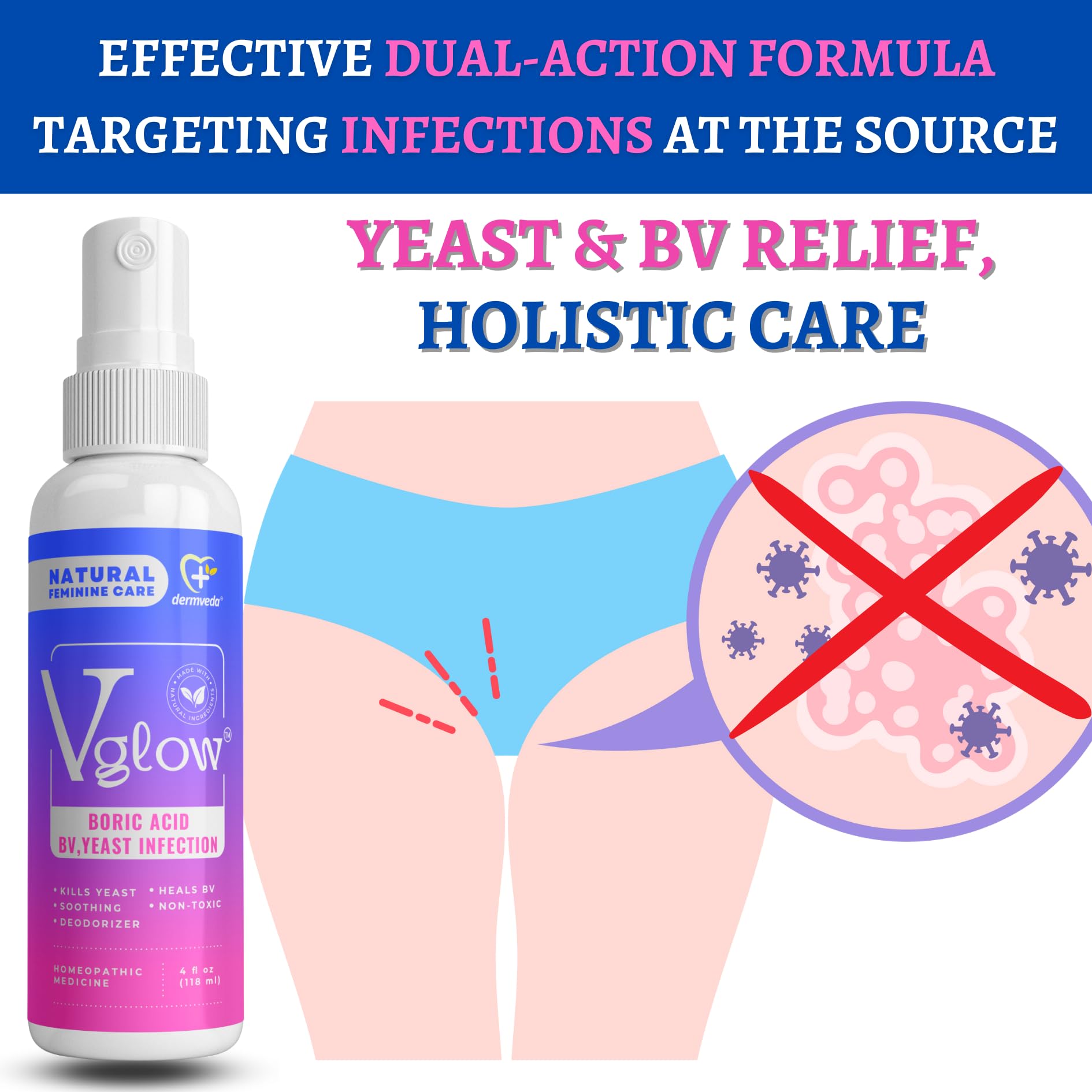Dermveda Boric Acid BV Relief for Women - Natural Yeast Infection, Odor, Itch Relief Solution - Treats Yeast Infection Symptoms with Effective Boric Acid Formula. DermvedaBuy Supplements Australia