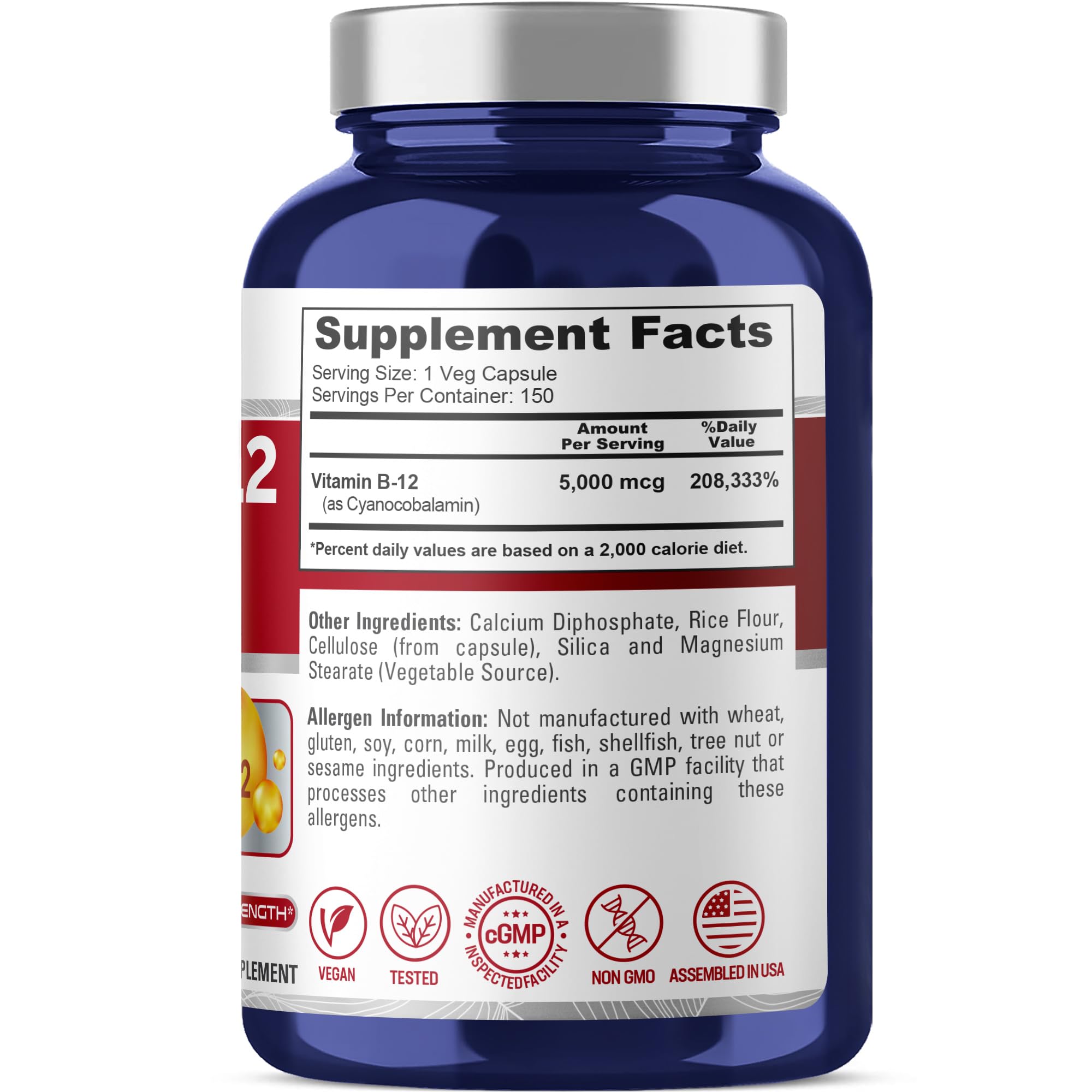 NusaPure Vitamin B12-5000 MCG 150 Veggie Capsules (Non-GMO, Vegan) - Max Strength Vitamin B12 NusaPureBuy Supplements Australia
