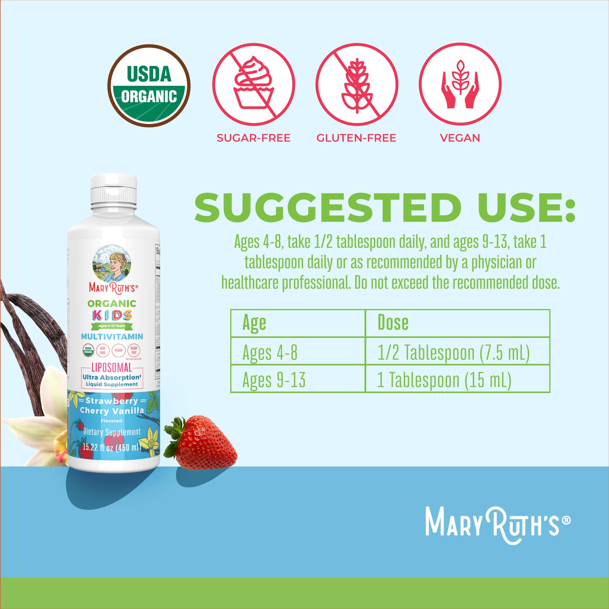 MaryRuth Organics Kids Multivitamin Liposomal | Vegan, Sugar-Free Vitamins for Kids | Ages 4+ | 2 Month Supply | 15.22 Fl Oz MARYRUTH'SBuy Supplements Australia