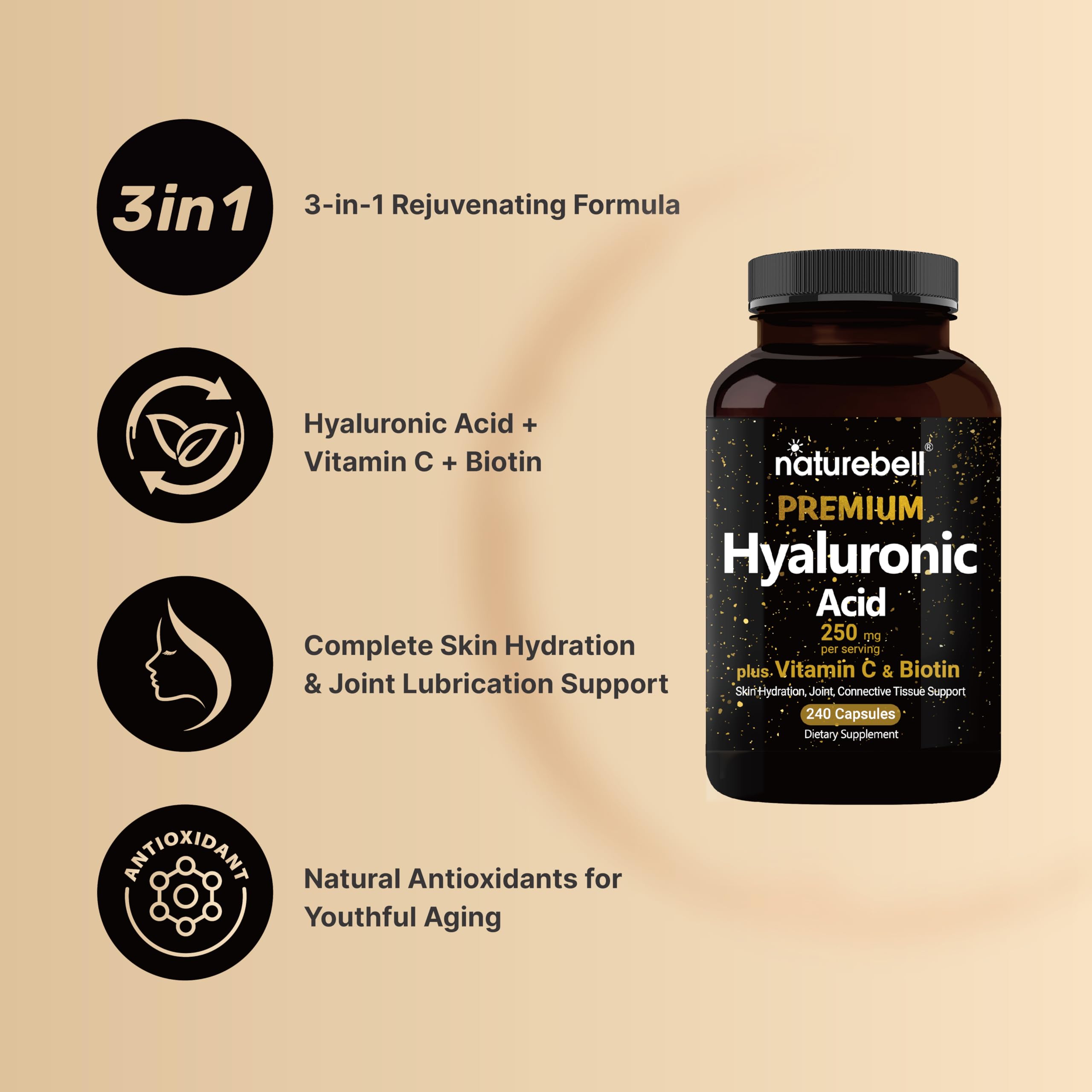 NatureBell Hyaluronic Acid Supplements 250mg | 240 Capsules, with Biotin 5000mcg NatureBellBuy Supplements Australia