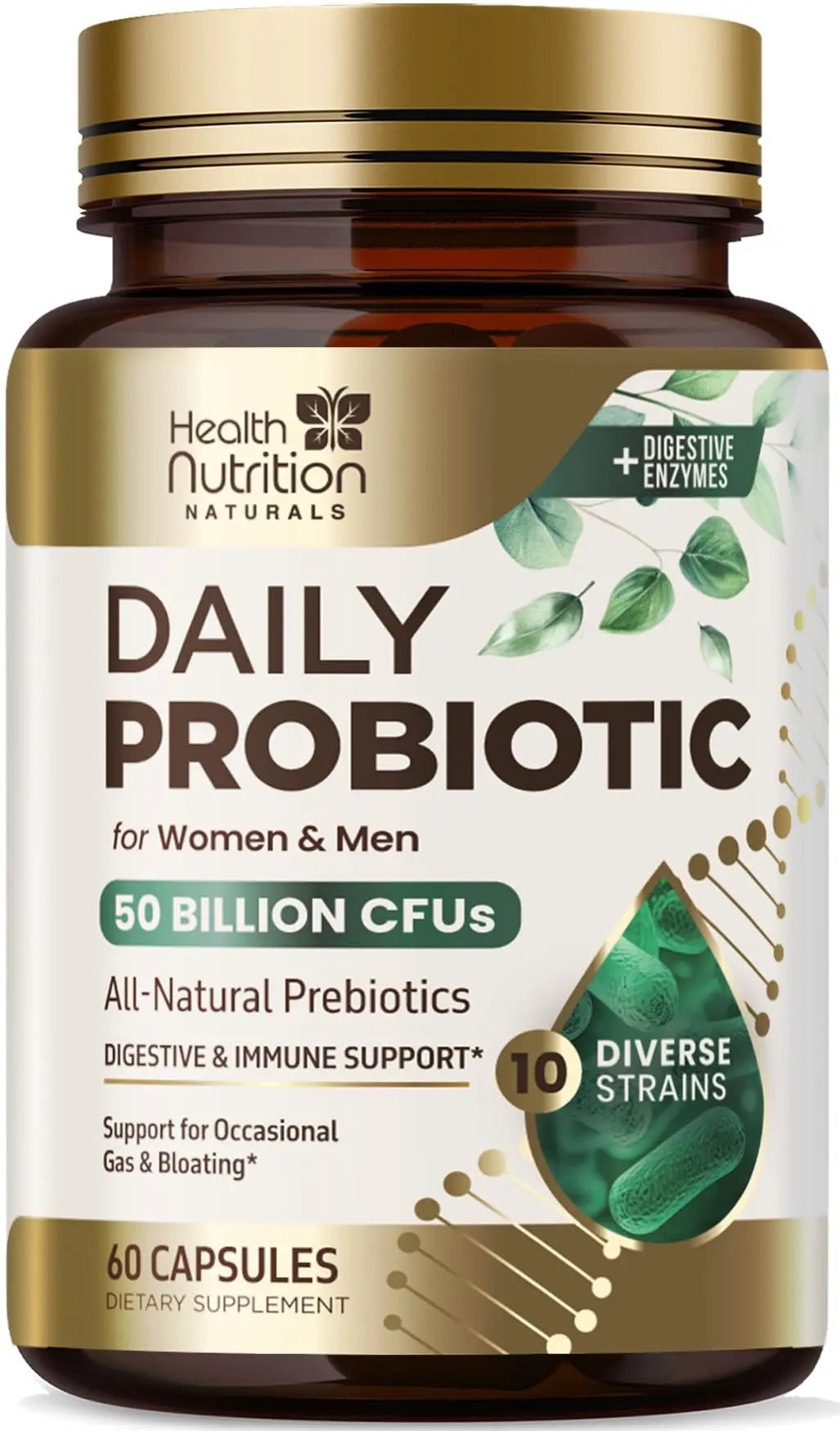 Probiotics 50 Billion CFU per Serving - 10 Strains + Prebiotics - Digestive Health, Gut & Immune Support - Occasional Constipation, Gas & Bloating Support for Women & Men, Bottled USA - 60 Capsules Health Nutrition NaturalsBuy Supplements Australia