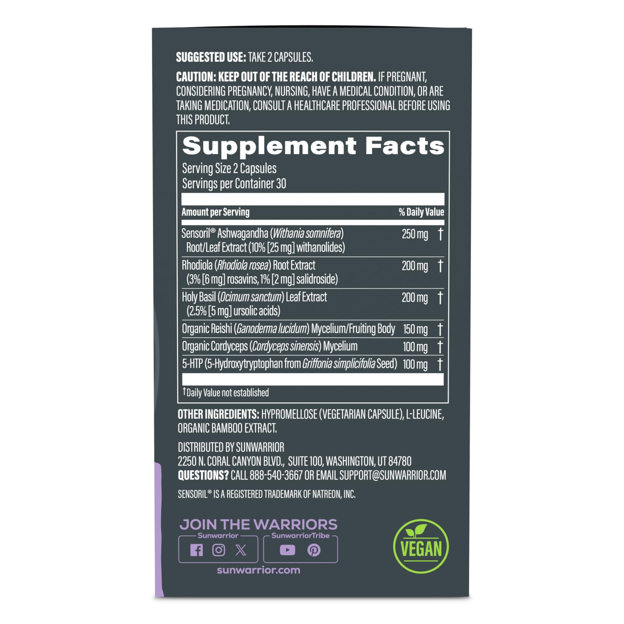 Ashwagandha, Rhodiola, Reishi & 5-HTP for Stress-Free Focus Active Focus & Balance Capsules Caffeine-Free Nootropic for Calm Energy & Mental Clarity, Mood & Immune Support 60 Vegan Capsules SunwarriorBuy Supplements Australia