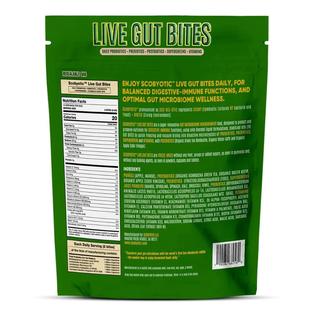 Scobyotic® Kombucha Supergreens Live Gut Bites – 10 Billion CFU Probiotics + Prebiotics & Postbiotics – Kombucha & Supergreens – Freeze-Dried Probiotic Supplement ScobyoticBuy Supplements Australia