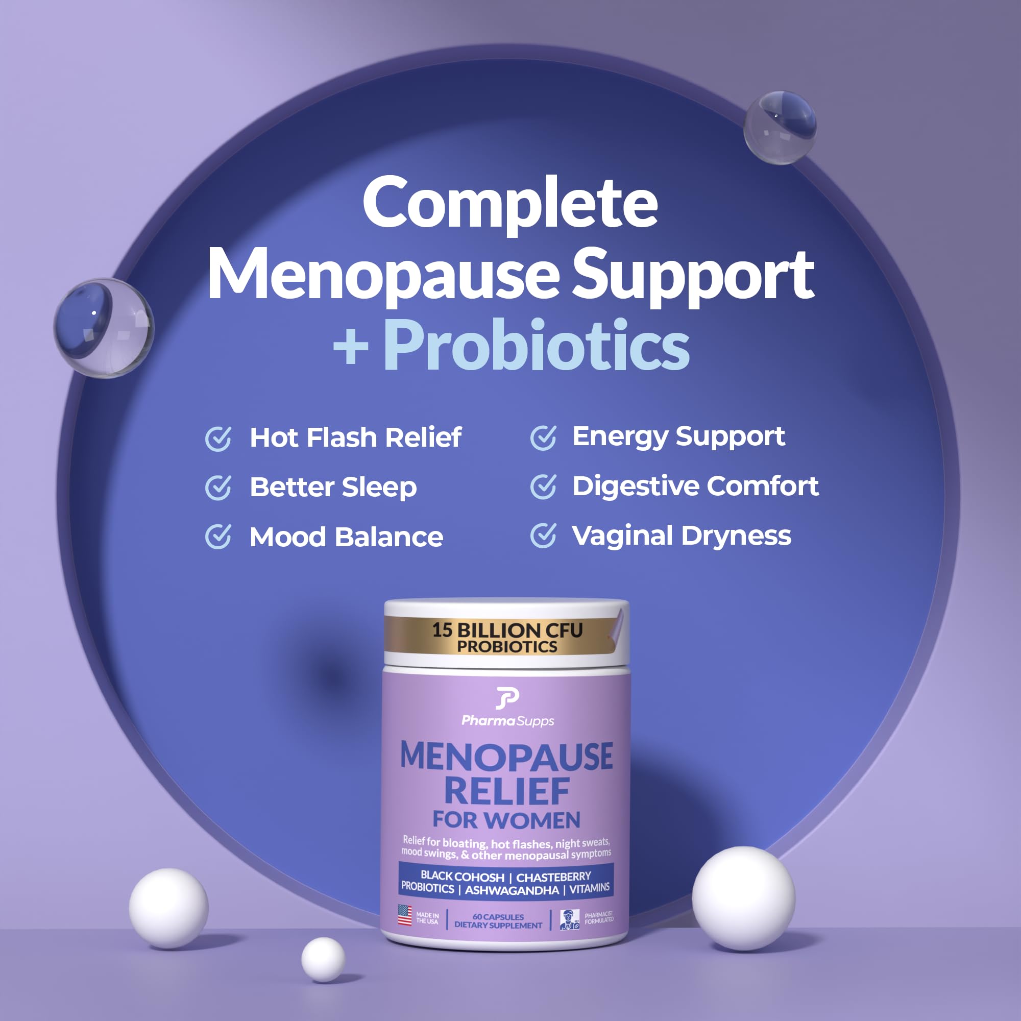 Natural Menopause Supplements for Women - Perimenopause Supplements for Hormonal Balance, Bloating & Mood Swings | Hot Flashes Menopause Relief w/Probiotics & Prebiotics, Black Cohosh & Chasteberry PharmaSuppsBuy Supplements Australia
