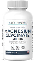 Supplement bottle labeled 'Magnesium Glycinate 500 MG' by Magno-Humphries on a white background