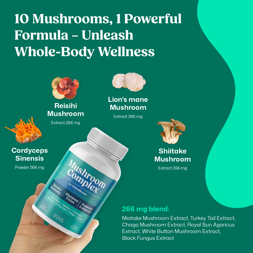 ColonBroom Mushroom Complex, Powerful Mushroom Blend with Cordyceps, Reishi, Shiitake, Lion’s Mane Extract for Energy, Immunity, Stress Relief & Cognitive Health - 60 Capsules, 30 Day Supply ColonBroomBuy Supplements Australia