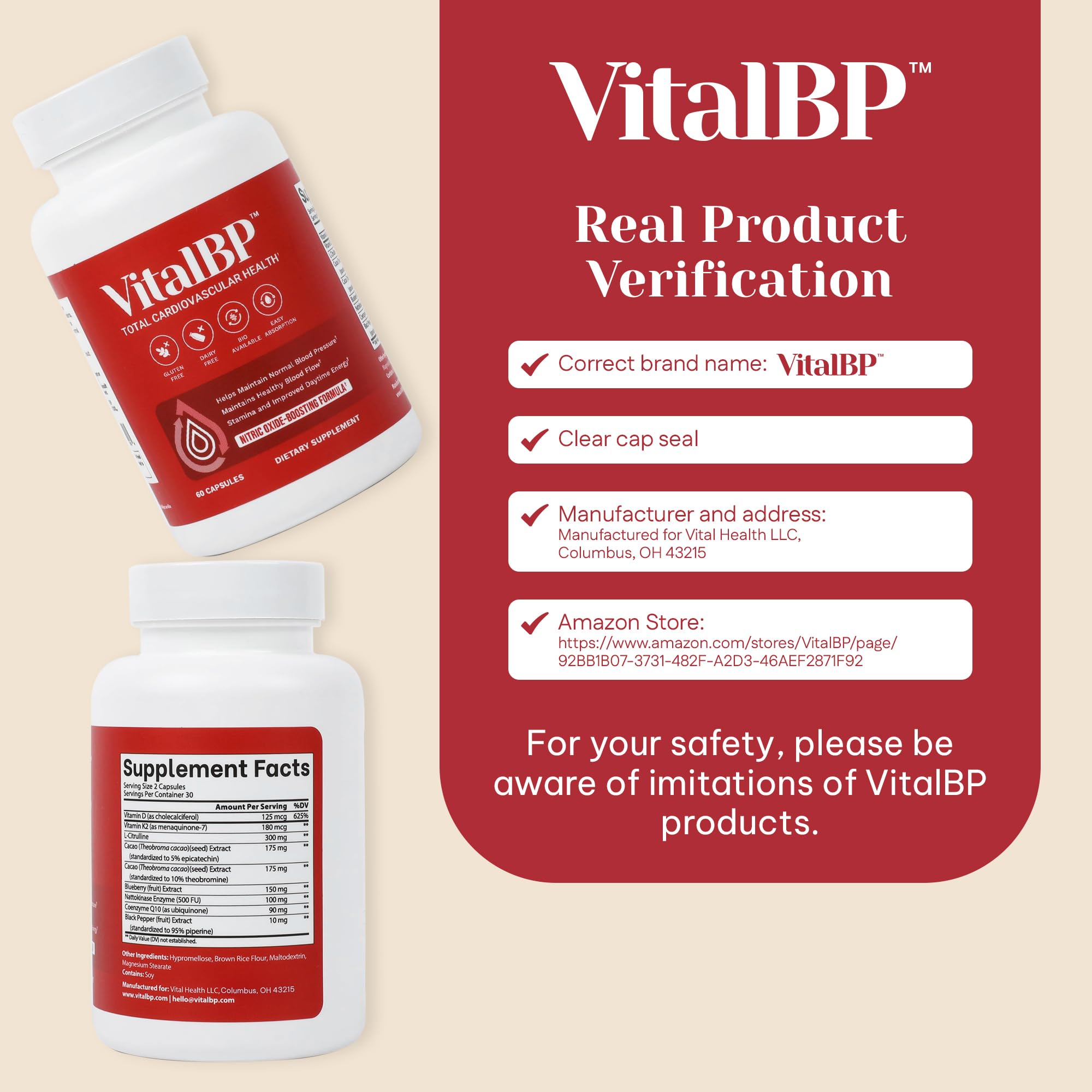 Vital BP - Support for Normal Blood Pressure - Supports Blood Flow & Arteries - with CoQ10, L-Citrulline, and K2 & D3-60 Capsules