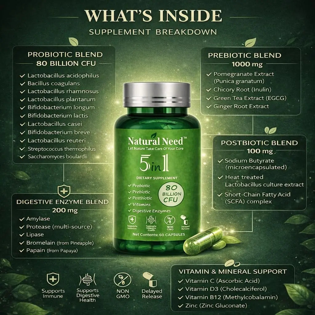 NATURAL NEED™ Gut Health – 5-in-1 Formula with Probiotics, Prebiotics, Postbiotics, Enzymes & Vitamins (C,D3,B12,Zinc) – Delayed Release Capsule – Supports Overall Digestion, Immunity & Gut – 60 Vegan NATURAL NEEDBuy Supplements Australia