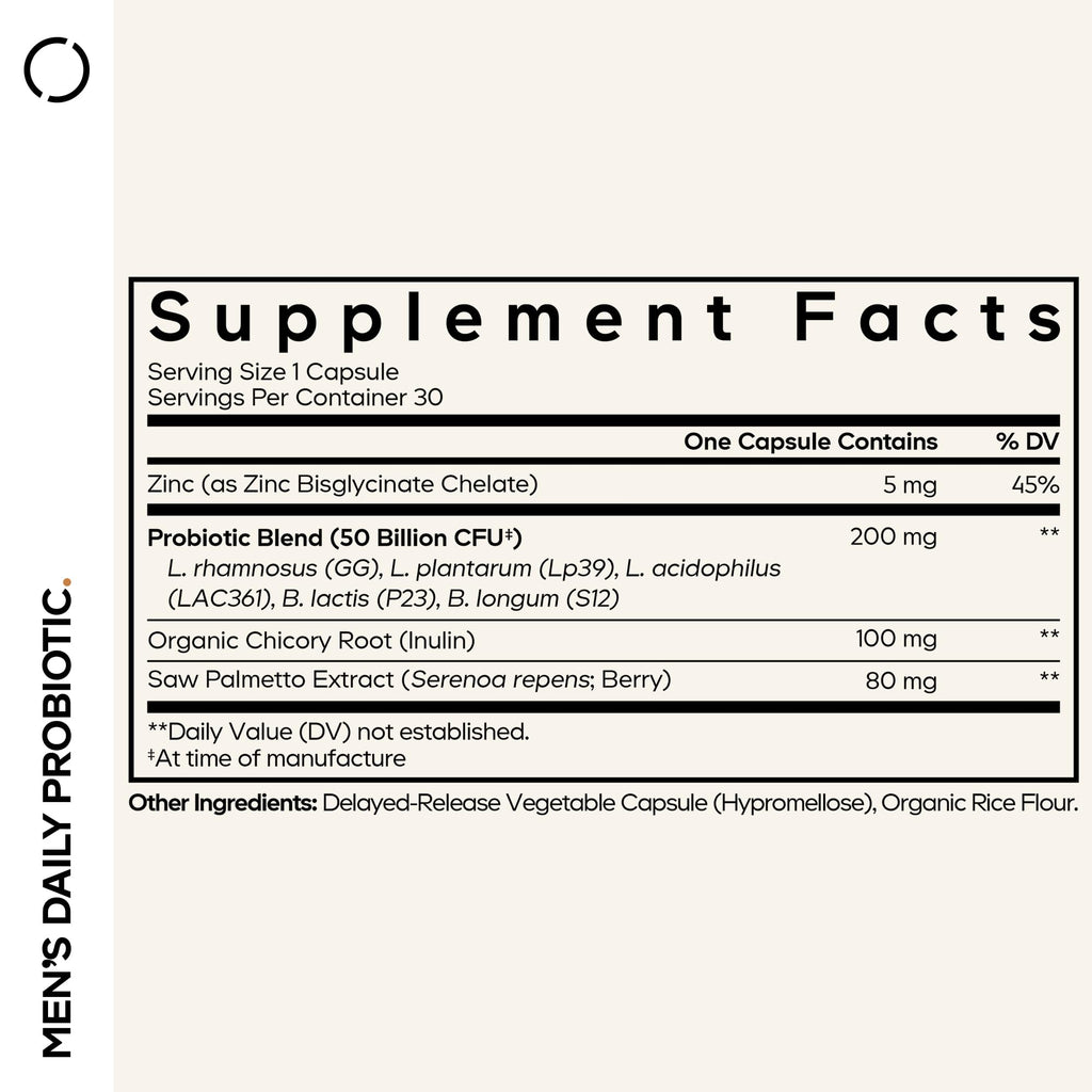 Codeage Men’s Daily Probiotic Supplement - 50 Billion CFU Probiotic Blend with Zinc, Inulin Prebiotic, Saw Palmetto – Men’s Wellness Support – 1 Capsule Per Serving - Non-GMO – 30 Capsules CodeageBuy Supplements Australia