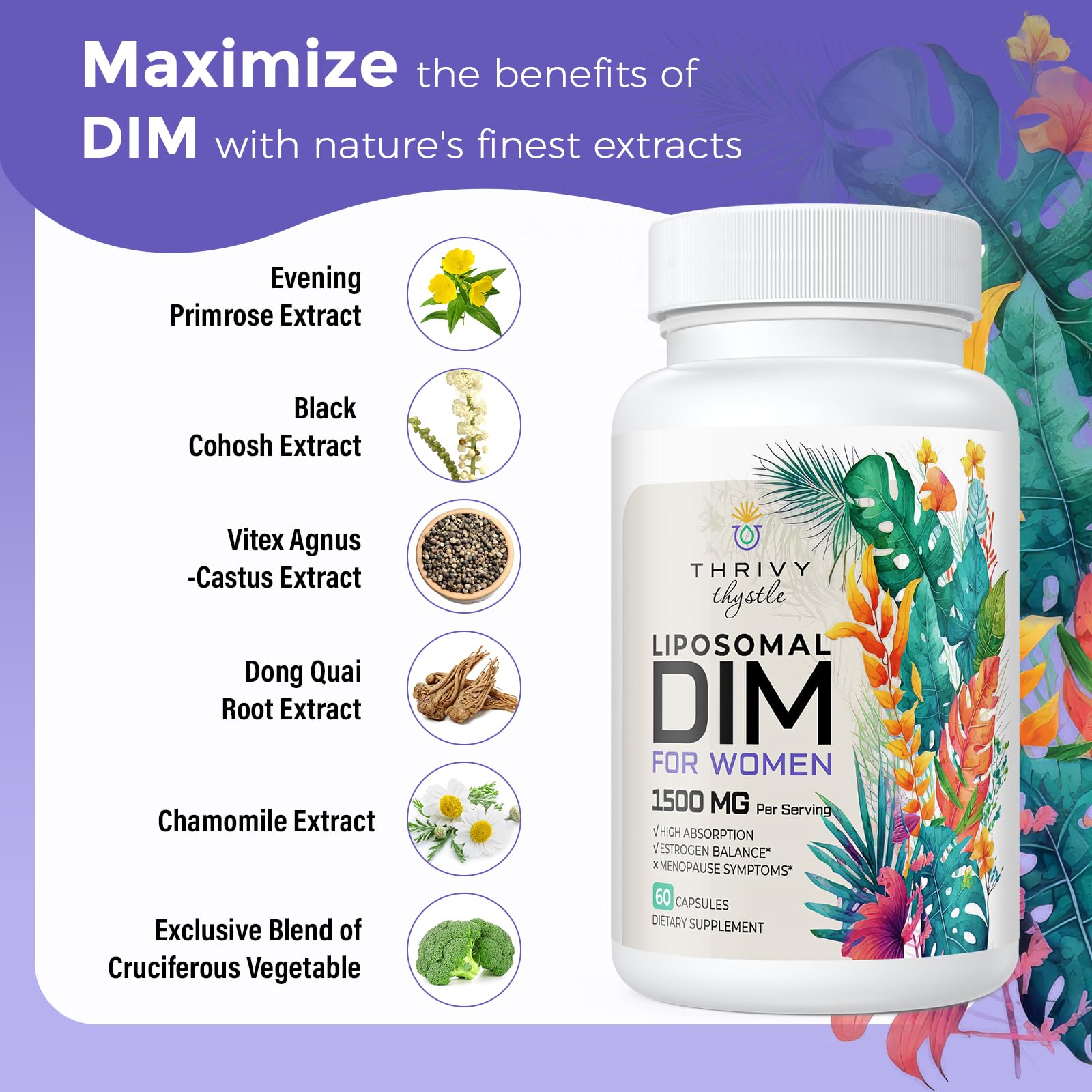 ThrivyThystle Liposomal DIM 400 mg - Hormone Balance, Estrogen Support for Women, DIM Supplement with Vitamin E, Evening Primrose, Black Cohosh, Omega-3 Fatty Acids (60 Capsules) ThrivyThystleBuy Supplements Australia