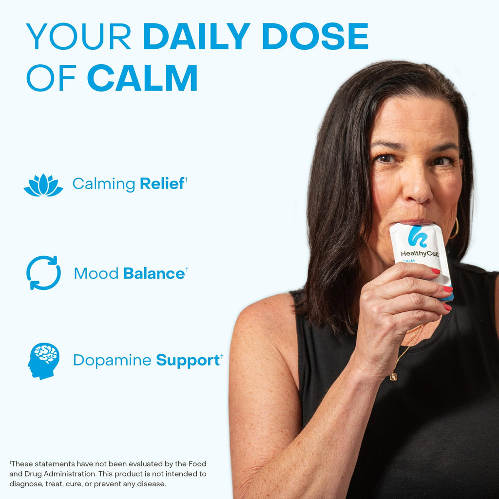 Healthycell Calm Mood Daily Liquid Supplement - Cortisol Manager & Mood Support Supplement for Stress with Ashwagandha, L-Theanine, Magnesium, 5-HTP, GABA & Saffron - 30 Gel Packs HealthycellBuy Supplements Australia