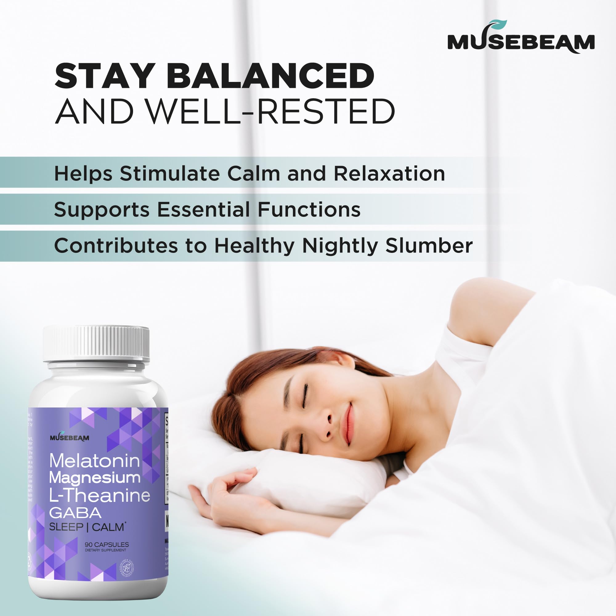 MuseBeam Magnesium Glycinate 275mg Melatonin 5mg L-Theanine 200mg GABA 100mg Capsules - Full Rest Nighttime Bedtime Support Supplement for Men Women - Vegan Sugar-Free Gluten-Free musebeamBuy Supplements Australia