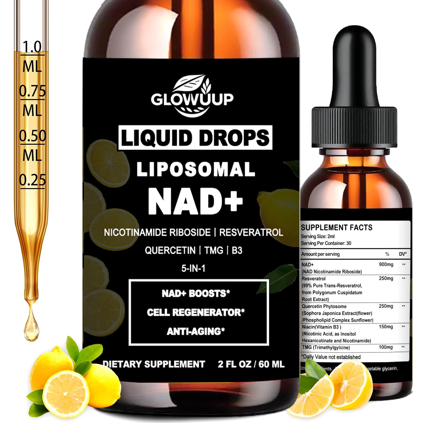 GlowUp Liquid Drops Liposomal NAD+ supplement bottle with dropper and lemon slices on a white background