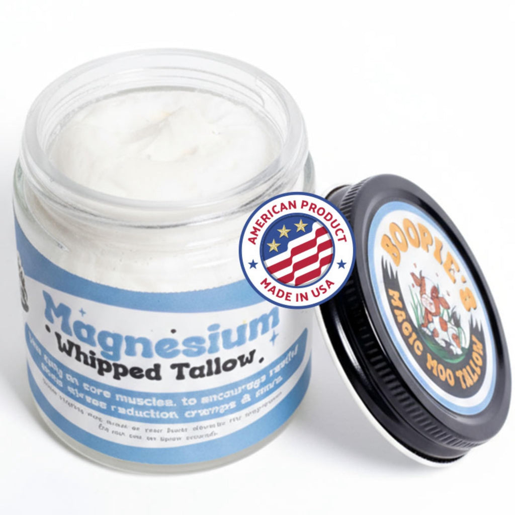 Magic Moo Magnesium Whipped Tallow Skincare for sore muscles, sleep, muscle and period cramps, stress, relaxation & more. Topical magnesium that works. Boopie's Magic Moo TallowBuy Supplements Australia