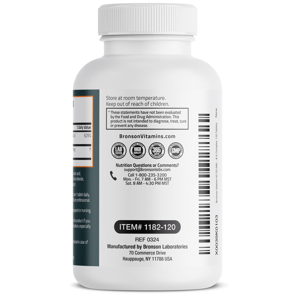 Bronson Vitamin K2 D3 (MK7) Supplement Non-GMO Formula Vitamin D3 5000IU (125 mcg) & 90 mcg K2 MK-7, Easy to Swallow D