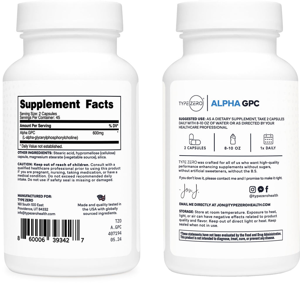 Type Zero Ultra Clean Alpha GPC Choline Supplement (600mg | 90 Capsules) Soy Free, Non-GMO Nootropics Alpha GPC 600mg / 300mg; Alpha-GPC Brain Memory and Focus Supplements Type ZeroBuy Supplements Australia