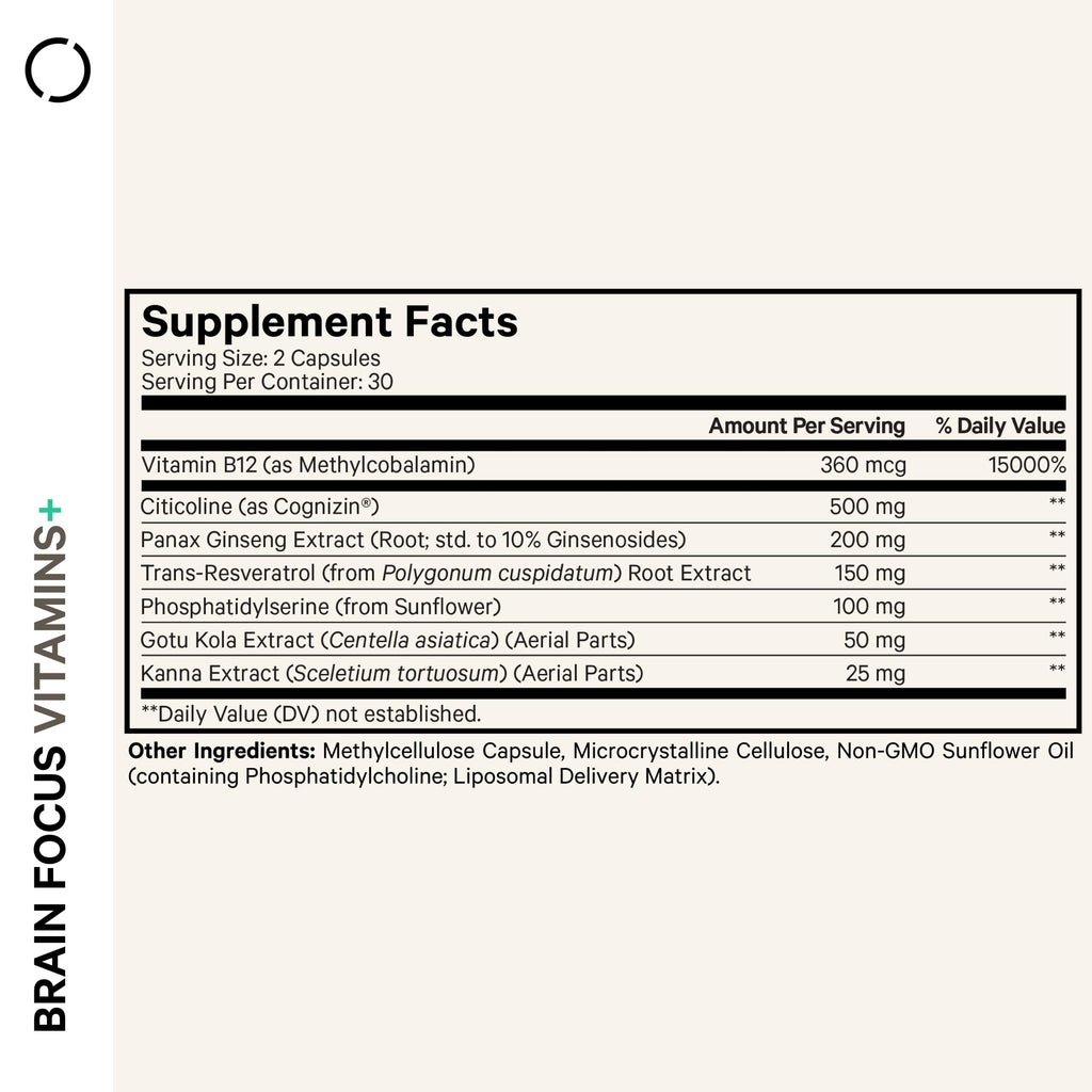 Codeage Brain Focus Vitamins+ Nootropic Supplement with Citicoline as Cognizin, Panax Ginseng, Resveratrol, Gotu Kola, Vitamin B12 Methylcobalamin - Liposomal Delivery - Non-GMO - 60 Capsules CodeageBuy Supplements Australia