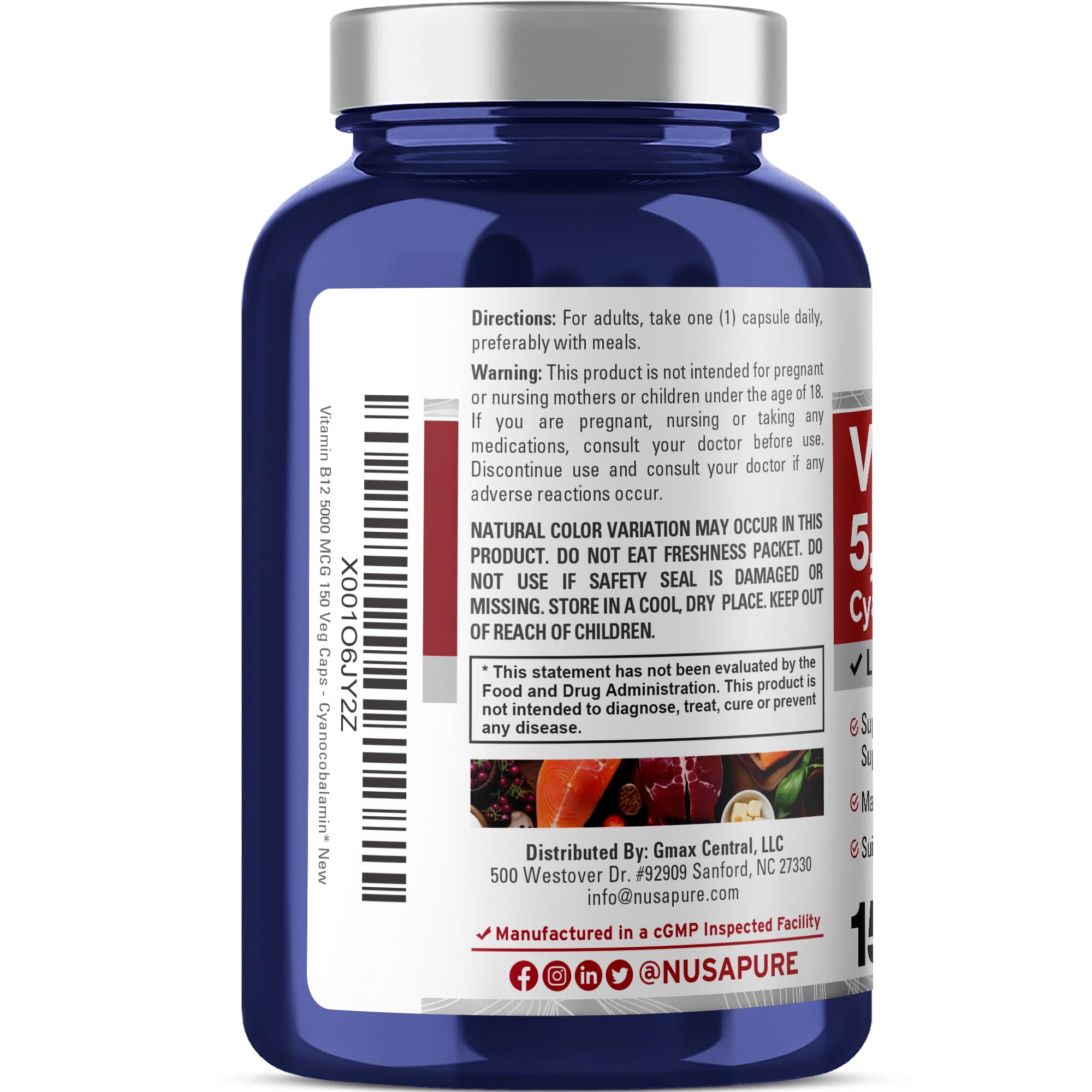 NusaPure Vitamin B12-5000 MCG 150 Veggie Capsules (Non-GMO, Vegan) - Max Strength Vitamin B12 NusaPureBuy Supplements Australia