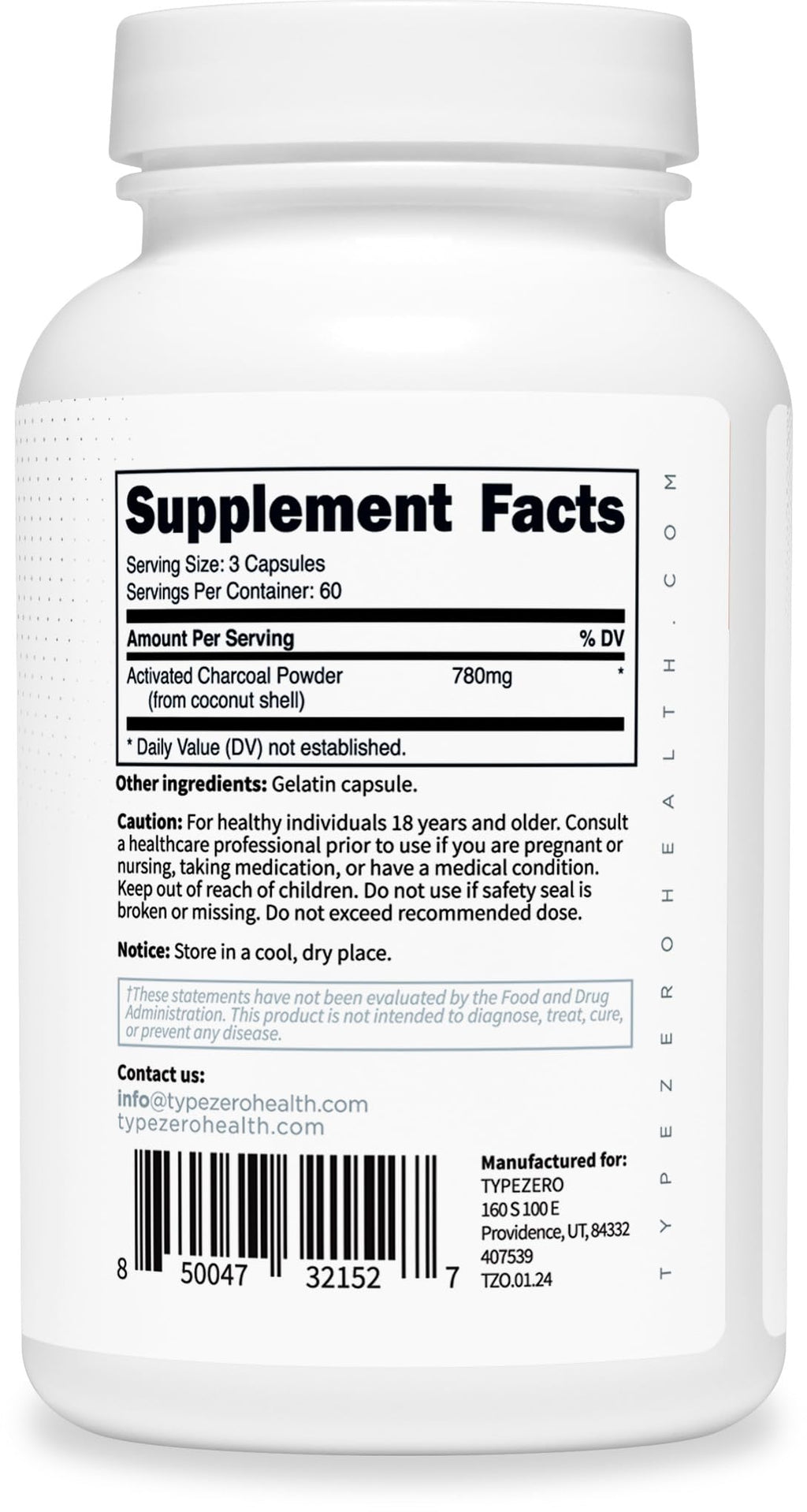 Type Zero Activated Charcoal Capsules (180 Count) - 60 Servings, 780mg Per Serving, from Coconut Shell, Non-GMO, Gluten-Free Type ZeroBuy Supplements Australia