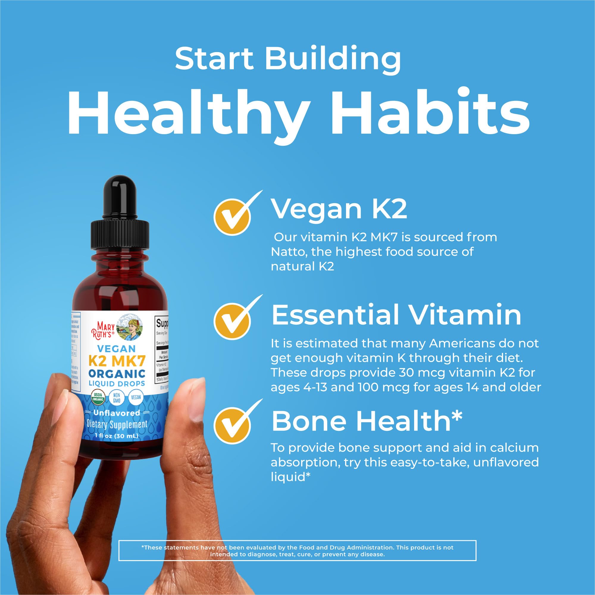 MaryRuth’s USDA Organic Vitamin K2 MK7 Liquid Drops for Adults & Kids | Sourced from Natto | Menaquinone- 7 | Vegan K2 Vitamin for Bone Health & Calcium Absorption | 1oz | Up to 90 Servings MARYRUTH'SBuy Supplements Australia