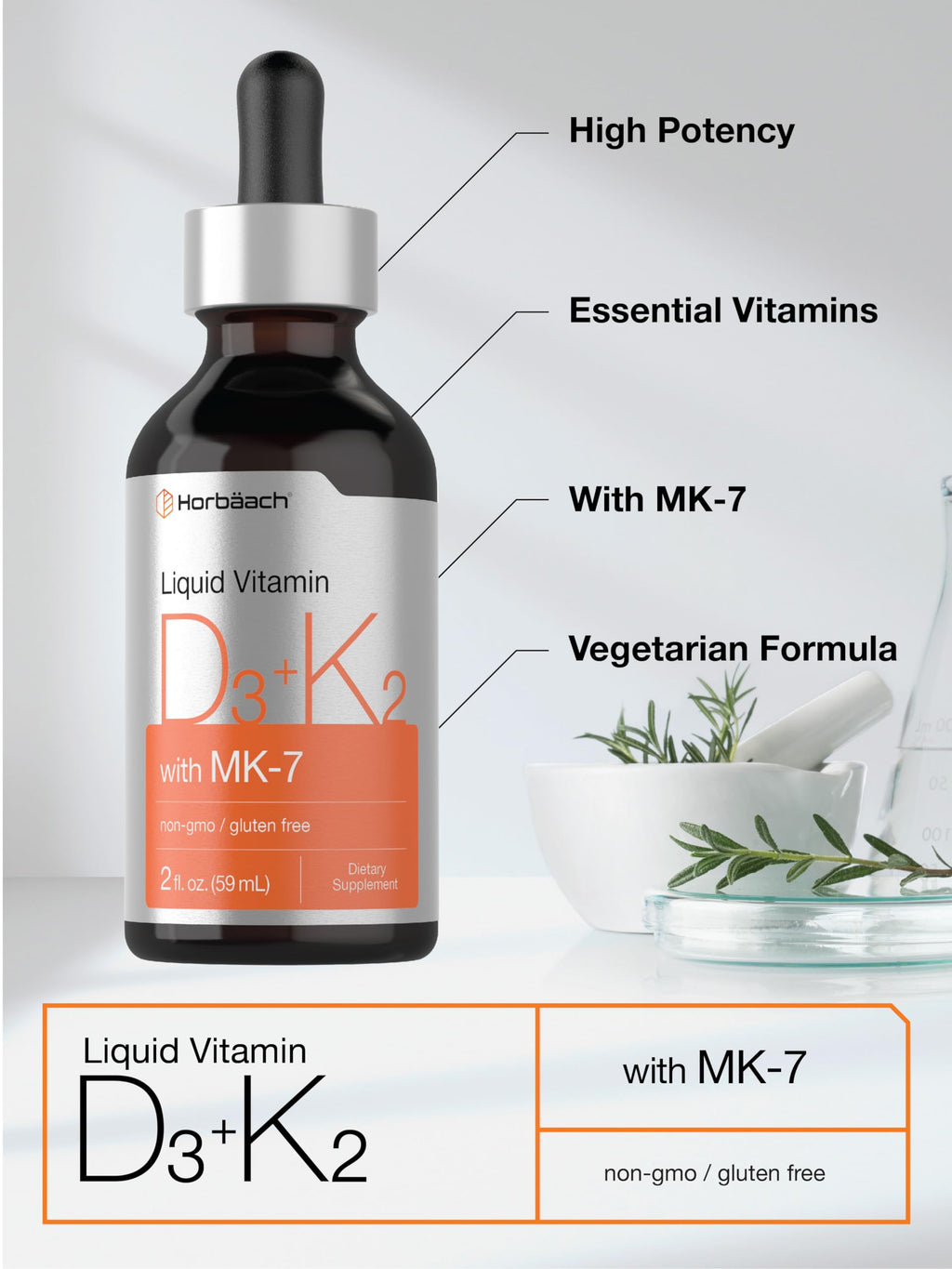 Horbäach Vitamin D3 + K2 Liquid Drops | with MK7 | 2 Fl Oz | Vegetarian | Non-GMO HorbäachBuy Supplements Australia