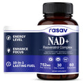 Supplement bottle labeled 'rasav NAD+ Resveratrol Complex' on a white background