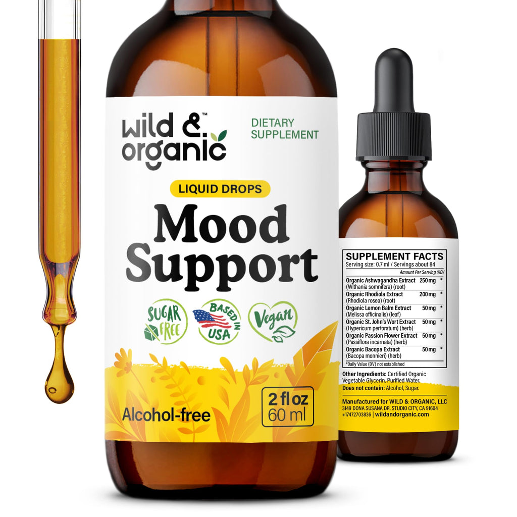 Wild & Organic Mood Support Drops - Good Mood Supplements w/Ashwagandha Root & Rhodiola Rosea - Natural Liquid Drops for Positive Energy - Calm and Relax Supplements for Women and Men - 2 oz Wild & Organic buy supplements Au